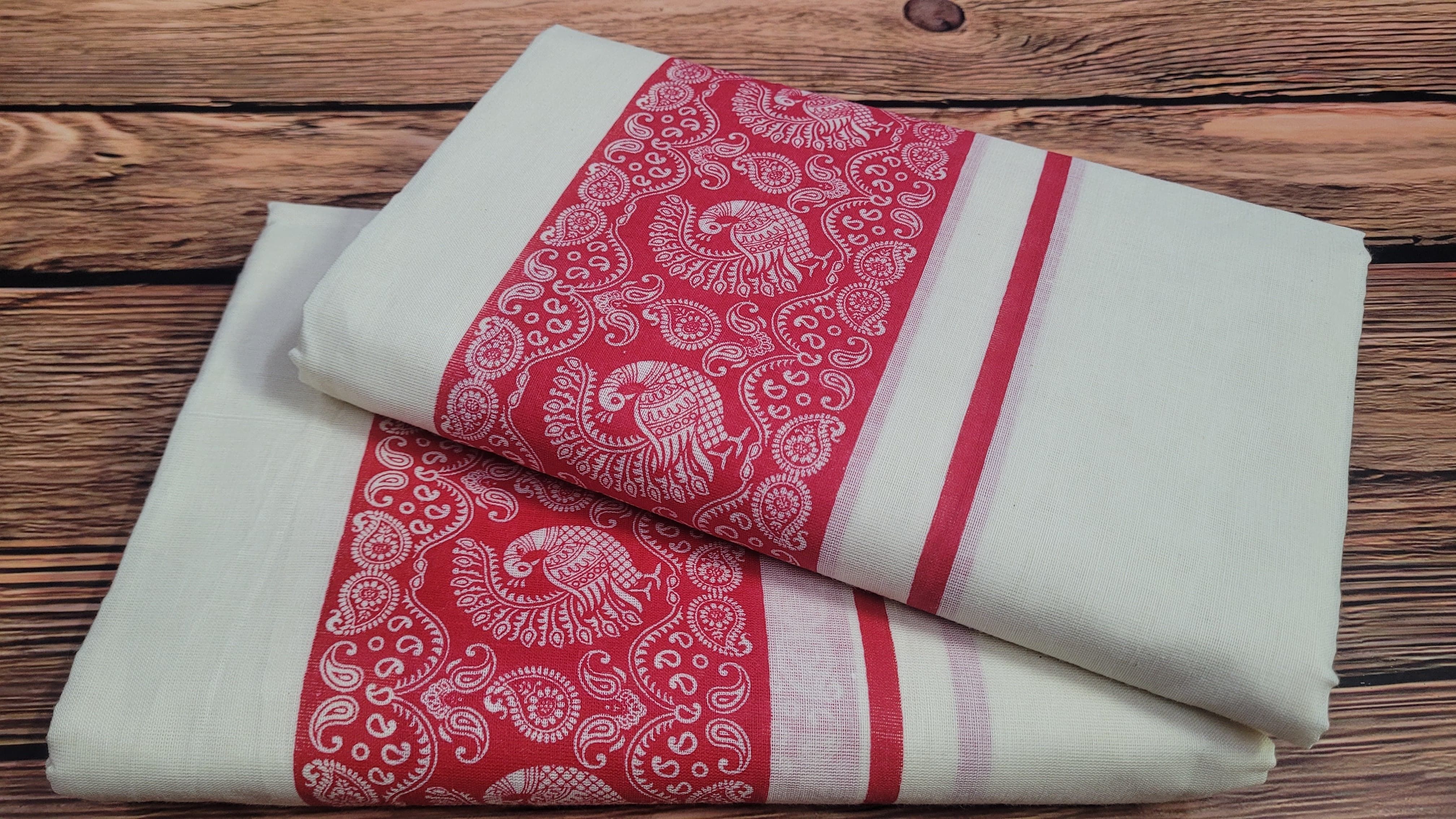 jagasree collections Kerala Kasavu Peacock Print Single Setmundu Extra Length Without blouse Women Dhoti-picture-43