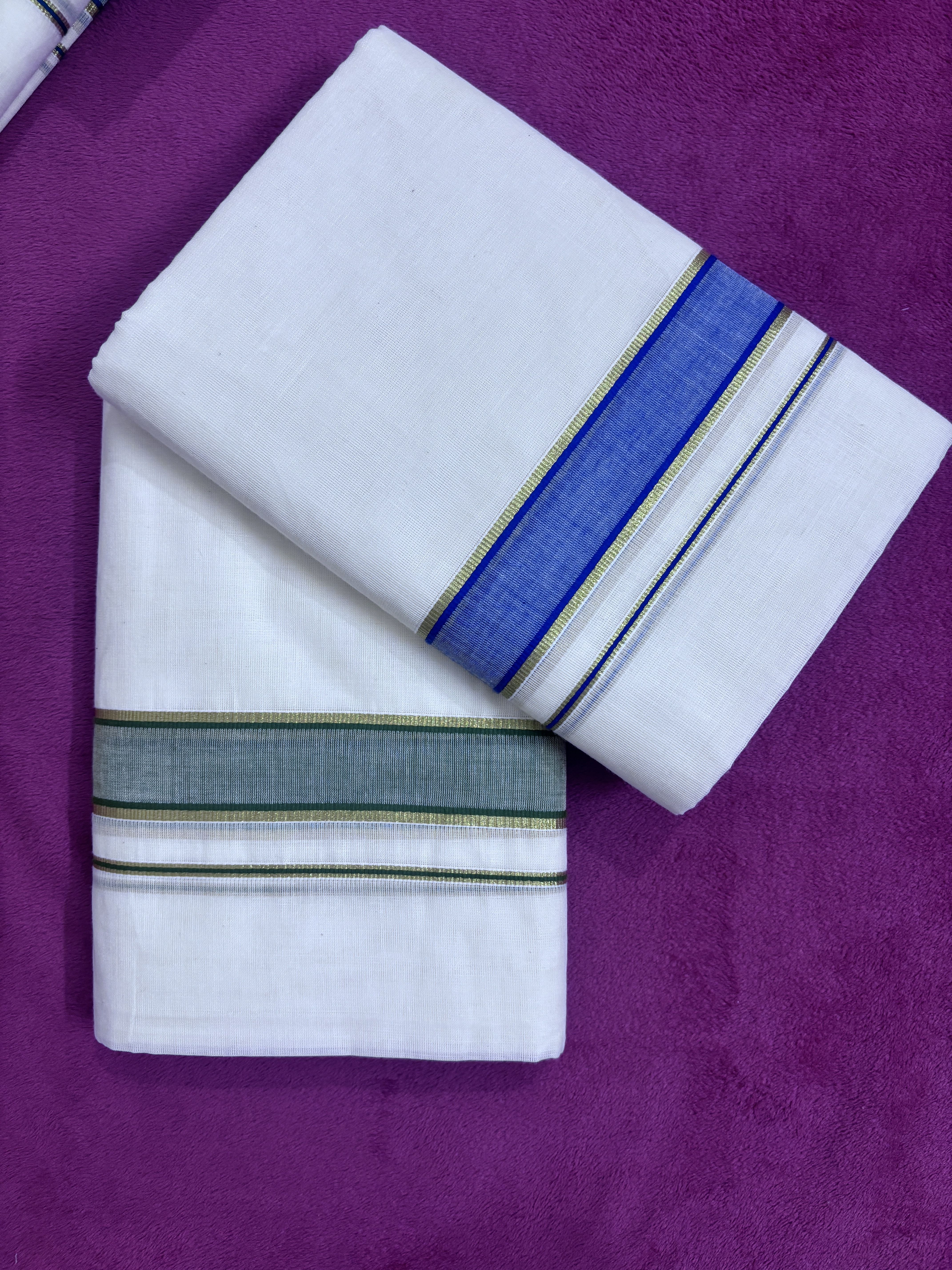 Empire Cotton 2 Pc Combo||Kerala Kasavu Dhoti Royal blue and Olive Green Border 4 Meter Solid Men Dhoti-picture-26
