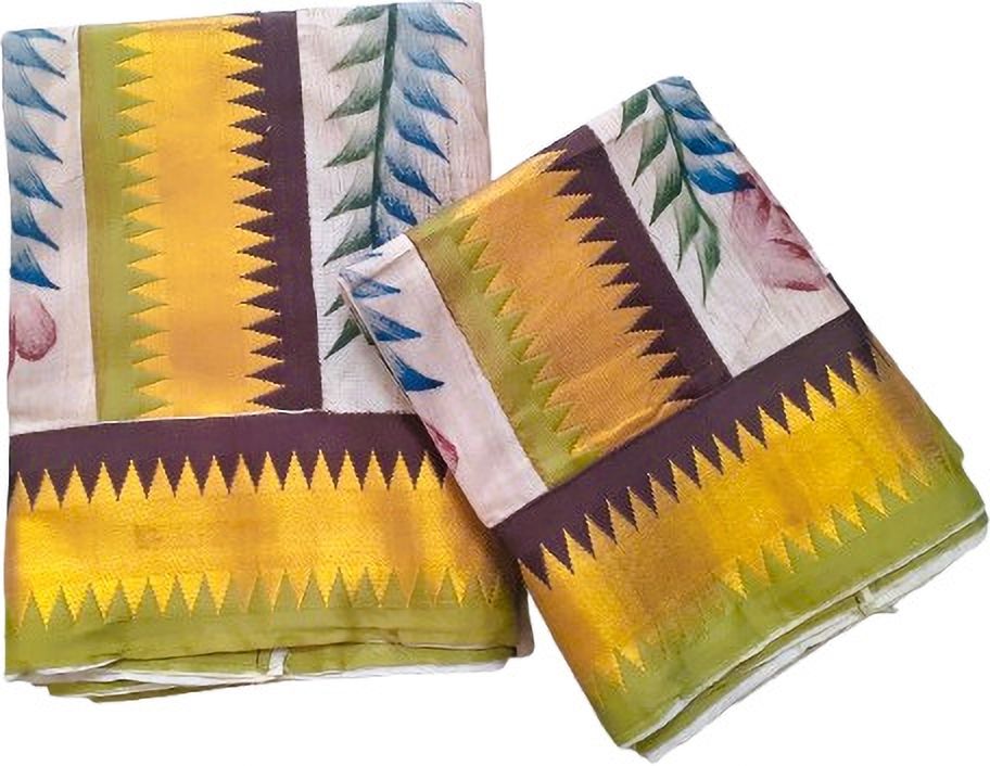 Darps Kerala Traditional Kasavu light green & brown color Double Set Mundu for Women Self Design, Embellished, Solid Women Dhoti-image-13