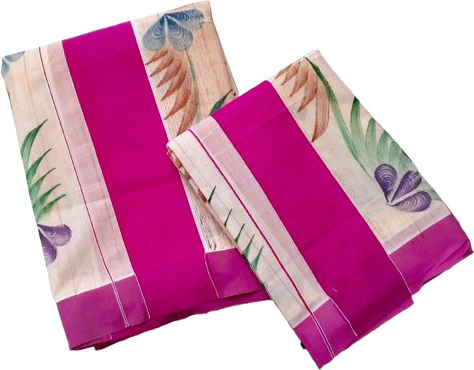 Fashionkiosks Women XXL Set Mundu 3.6mts x2.5mts pure cotton fancy lace hand paint Solid, Woven, Floral Print Women Dhoti-picture-11