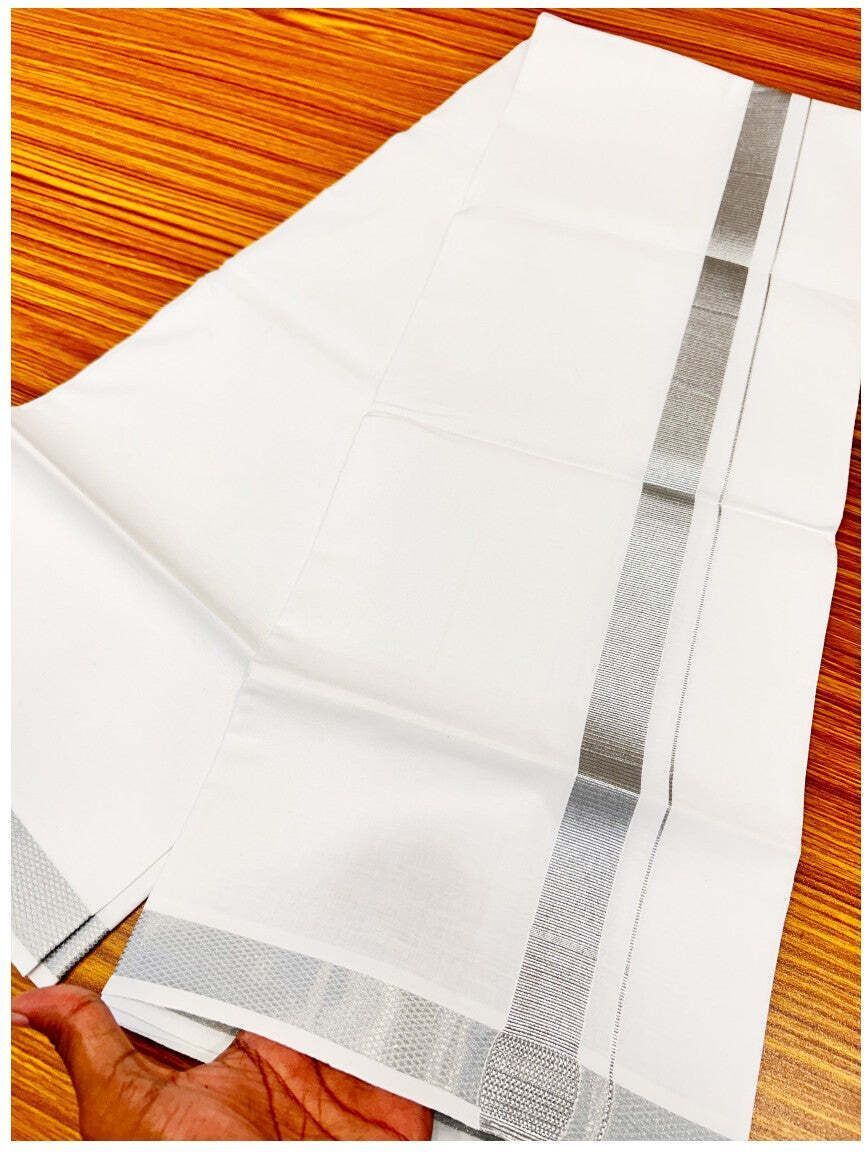 NANMAYA Men Cotton Double Layer White Dhoti Mundu with 1" Silver Jari Border 4.00 Mtrs Solid Women Dhoti-picture-41