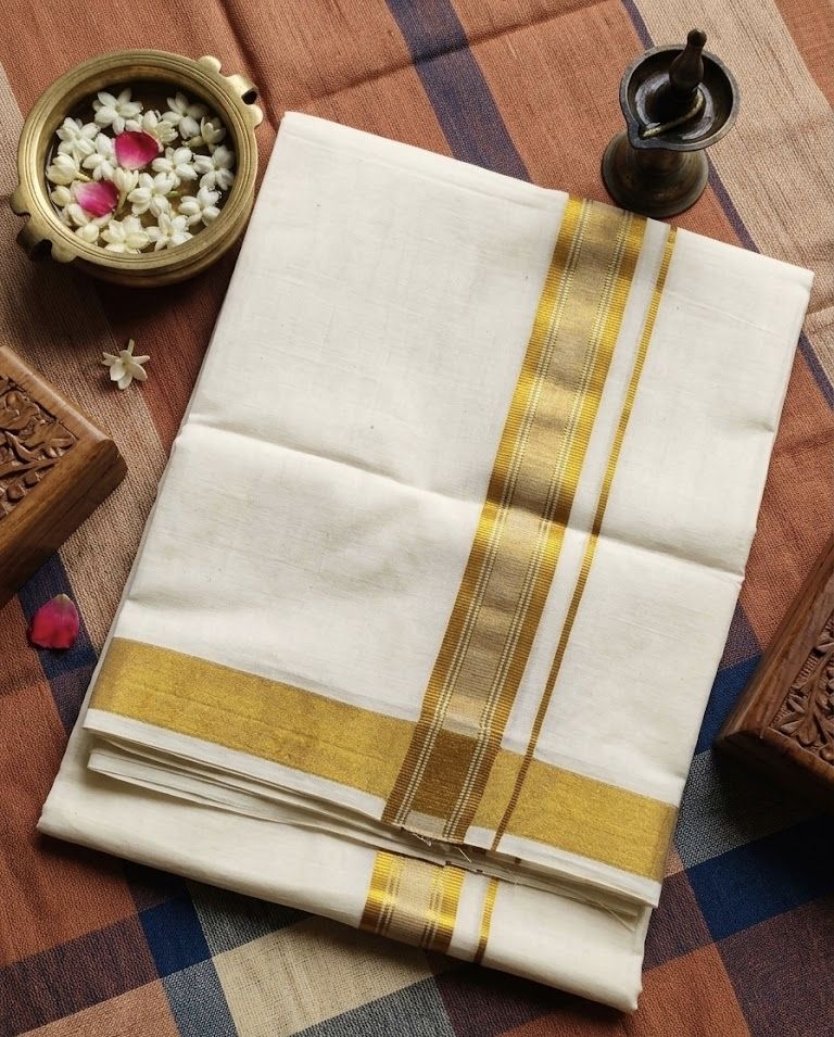 Kunjus 4.0 Mtrs Gold Canal Border Cream Double Dhoti/ Mundu/ Veshti for Men Solid Men Dhoti-picture-28