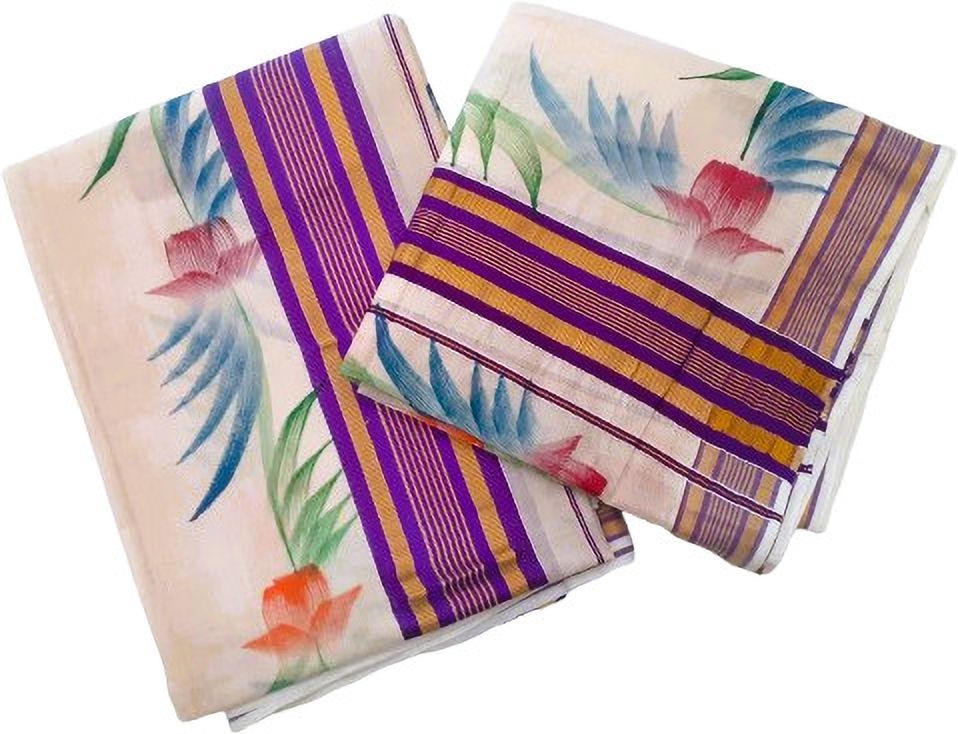 Fashionkiosks Women Set Mundu 2x2.5mts Single Woven Border with floral Hand apint all over Striped, Solid, Woven, Floral Print Women Dhoti