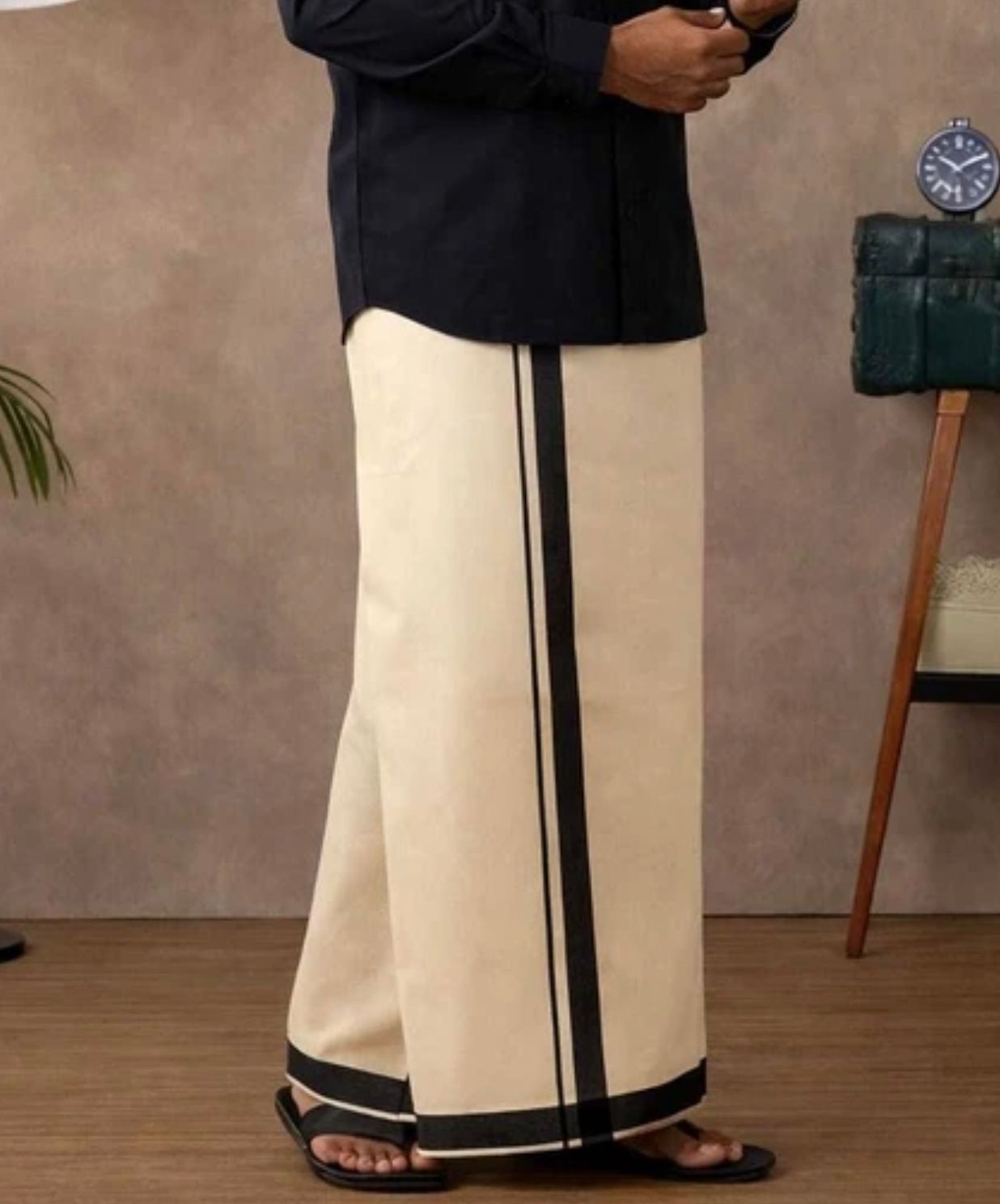 SaveriGroup Men Cotton Double Layer Cream Dhoti with 1" Black Border 4 Mtrs Solid Men Dhoti-image-28