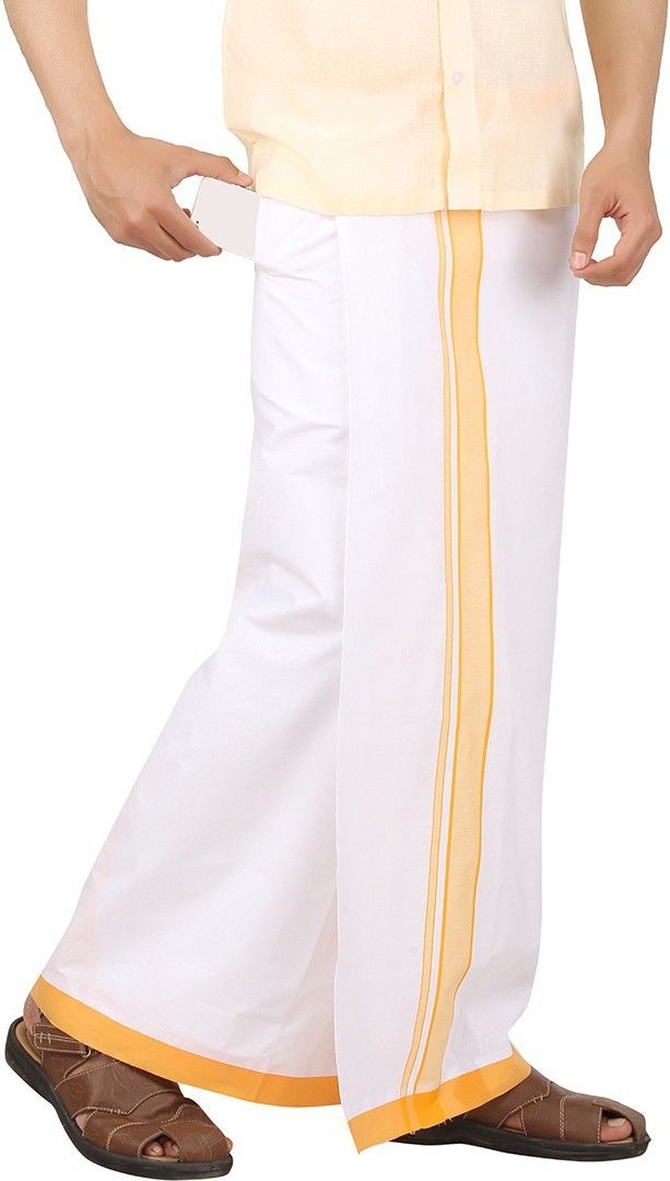 Prakasam Cotton Prakasam Cotton Premium Quality Welcro Pocket Readymade Dhoti( sticker Dhoti) -White Cotton With Orange Big Border Solid Men Dhoti-picture-22