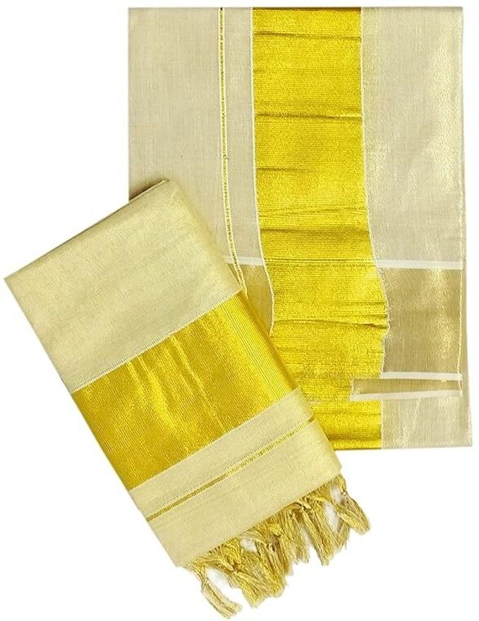YETTALAN Women's Kerala Traditional Flora Tissue Kasavu Set Mundu With Tassels Self Design Women Dhoti