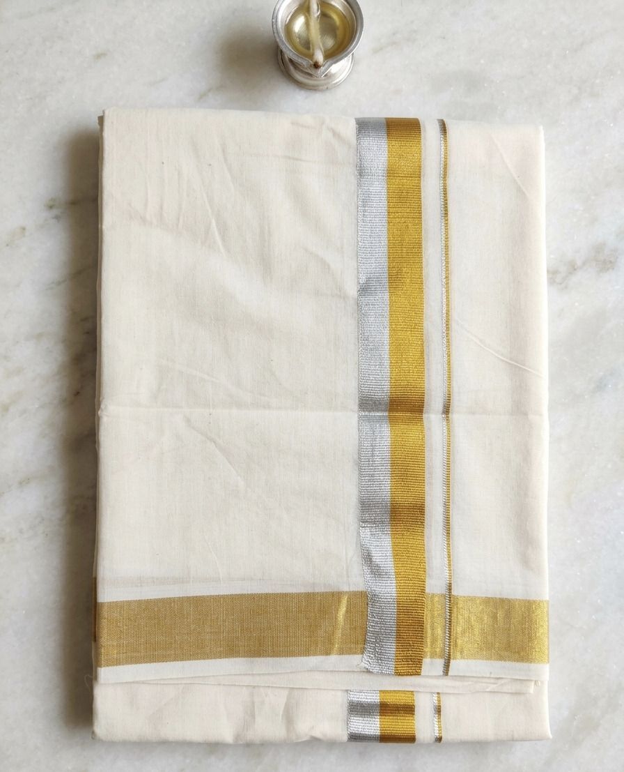 NANMAYA Men Cotton Double Cream Dhoti Mundu with 1" Silver and Gold Border 4.00 Mtrs Solid Women Dhoti-image-13