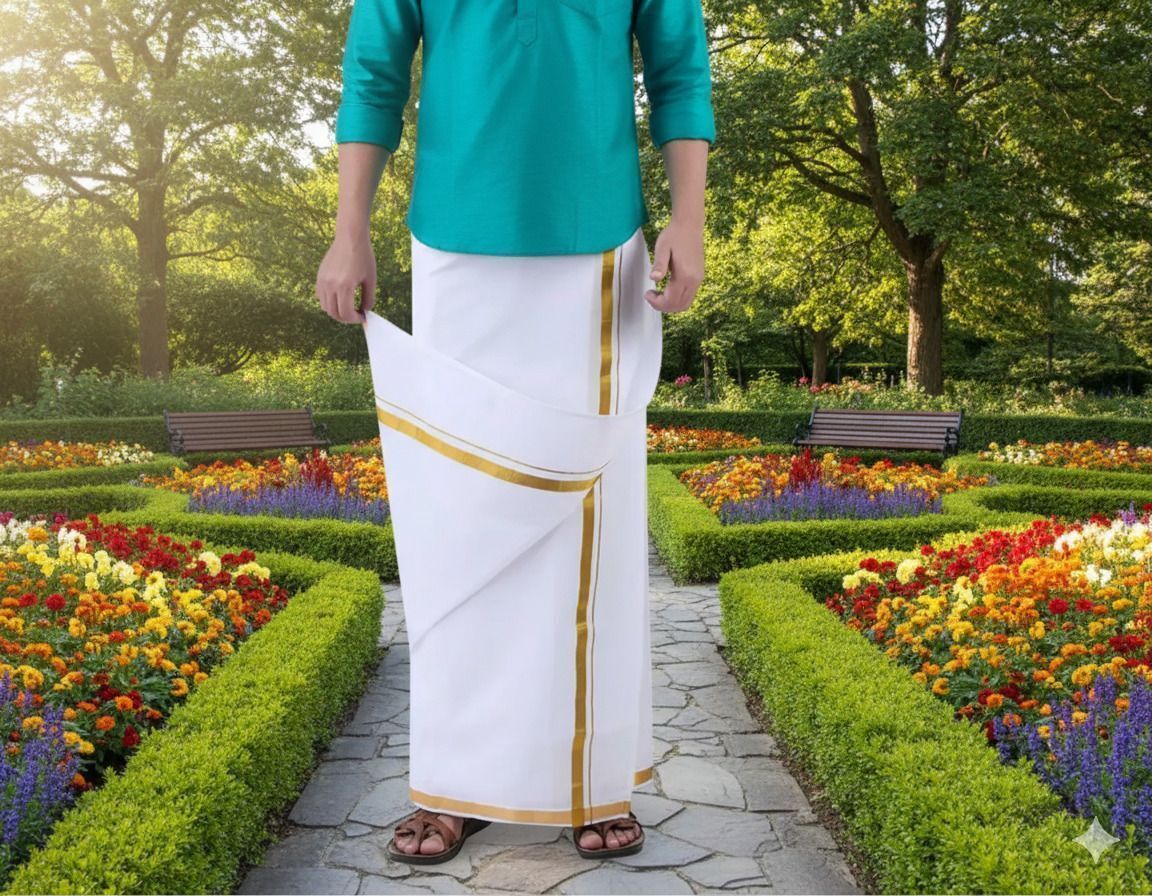 GUGOLIYA Premium quality Men's White Golden Jari cotton SINGLE OPEN Dhoti Solid Men Dhoti-picture-10