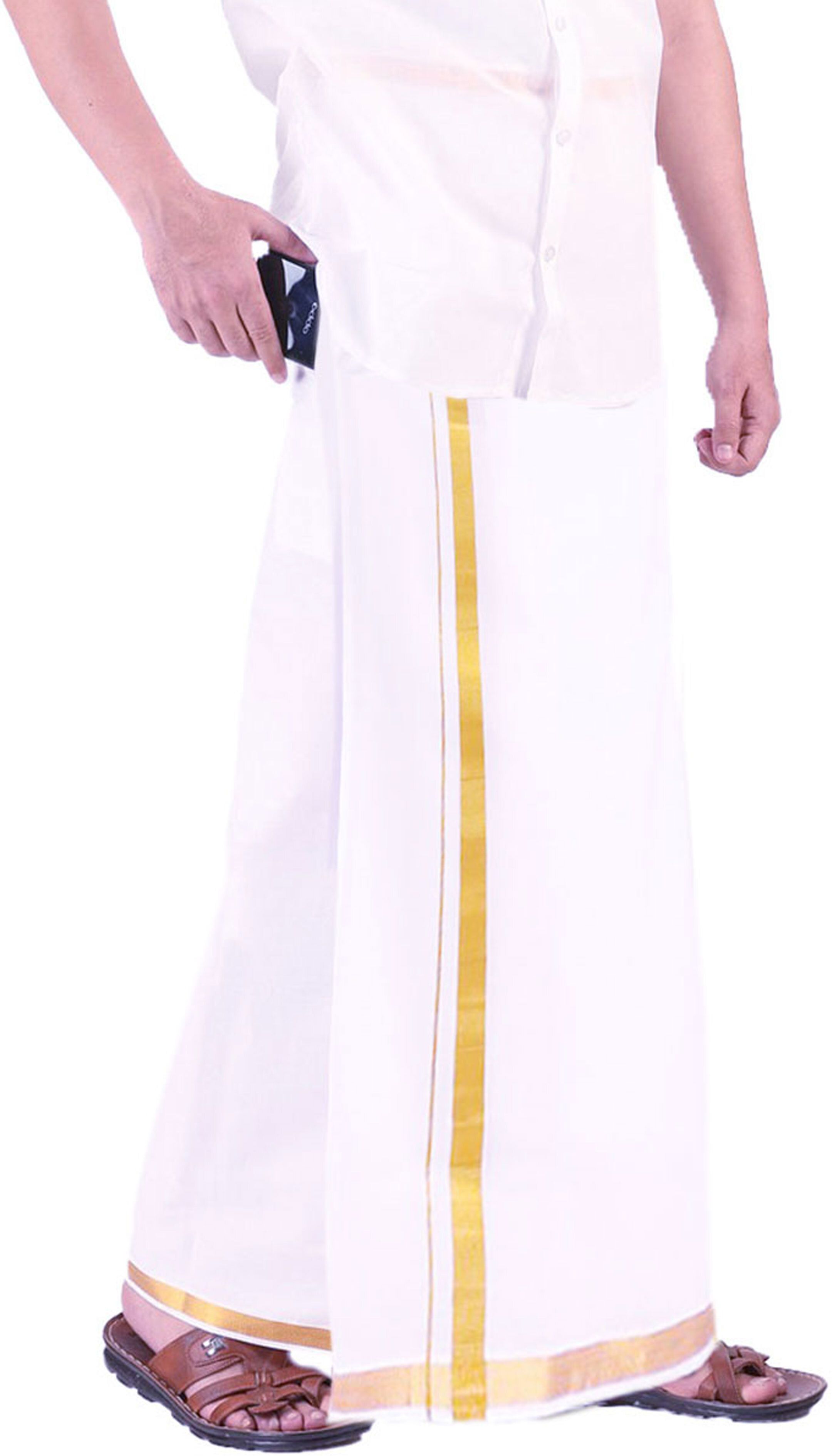 Prakasam Cotton Golden Jari Border Readymade welcro Pocket Double (8 Yard) White Solid Men Dhoti-picture-31