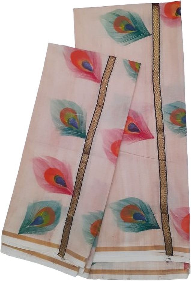 Darps Striped Lace peacock feather & Floral Design Hand Painted setmundu Striped, Animal Print Women Dhoti-image-48