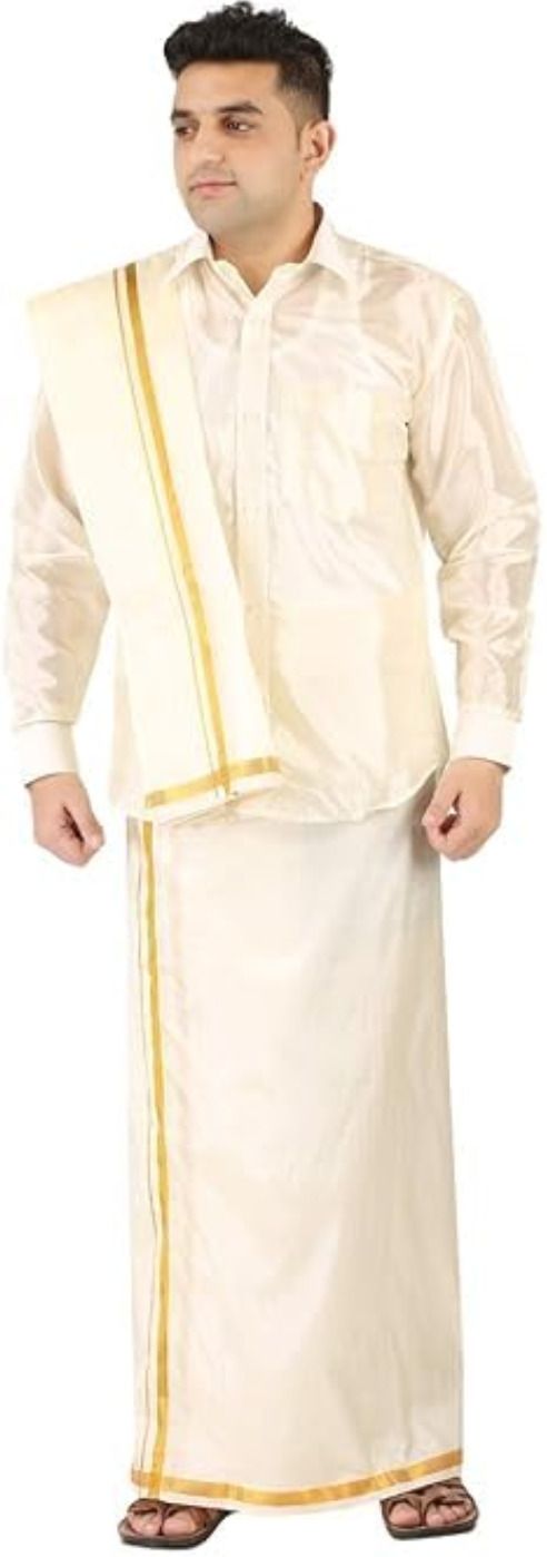 NANDAVAN Mens Silk Full Sleeve Regular Fit Shirt+ Mulam Dhoti(Free Size)+Single Towel Solid Men Dhoti-image-9