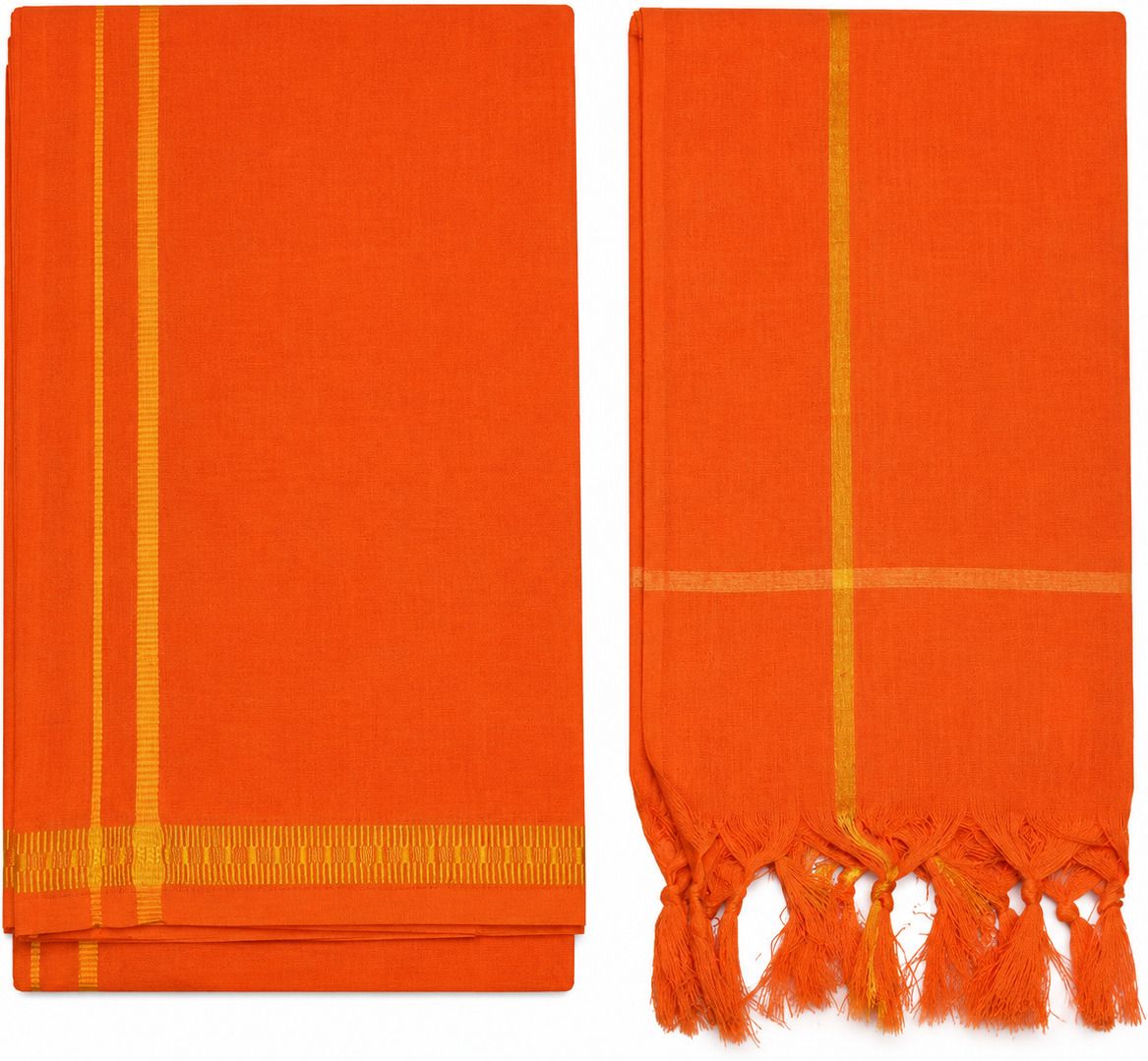 arsa lifestyle Cotton Orange Colour Dhoti with Towel Traditional Solid Men Dhoti-image-2