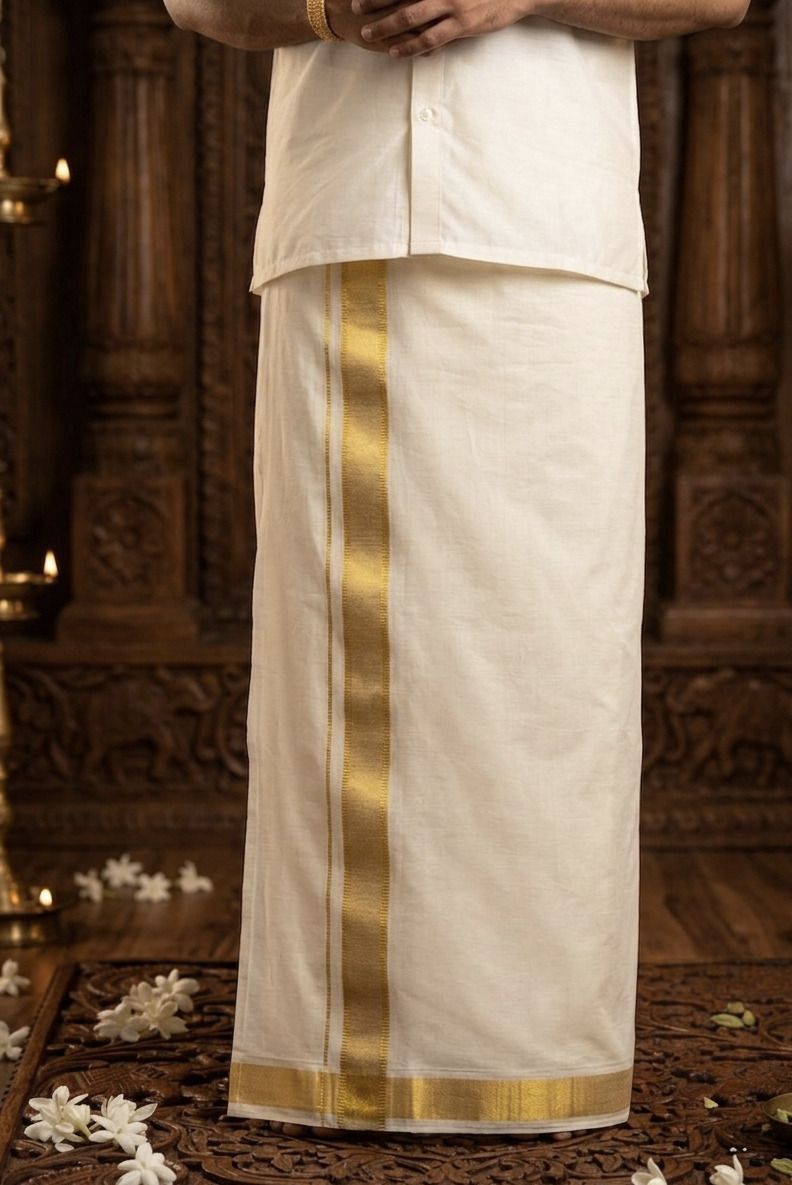 NANMAYA Men Cotton Double Layer Cream Dhoti with 1" Gold Jari Border Golden Mark Solid Women Dhoti-picture-29