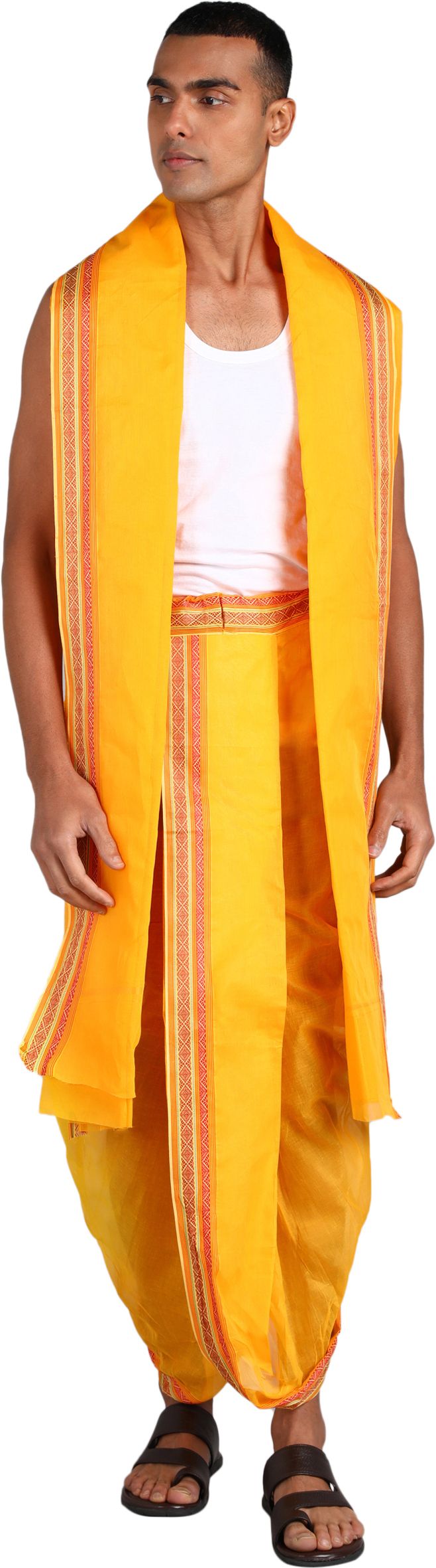 SAC SHREE APARAJEET CREATIONS Men's Mango Colour Panjakejam Readymade dhoti and towel set Free size 100%cotton Self Design, Striped Men Dhoti-picture-20