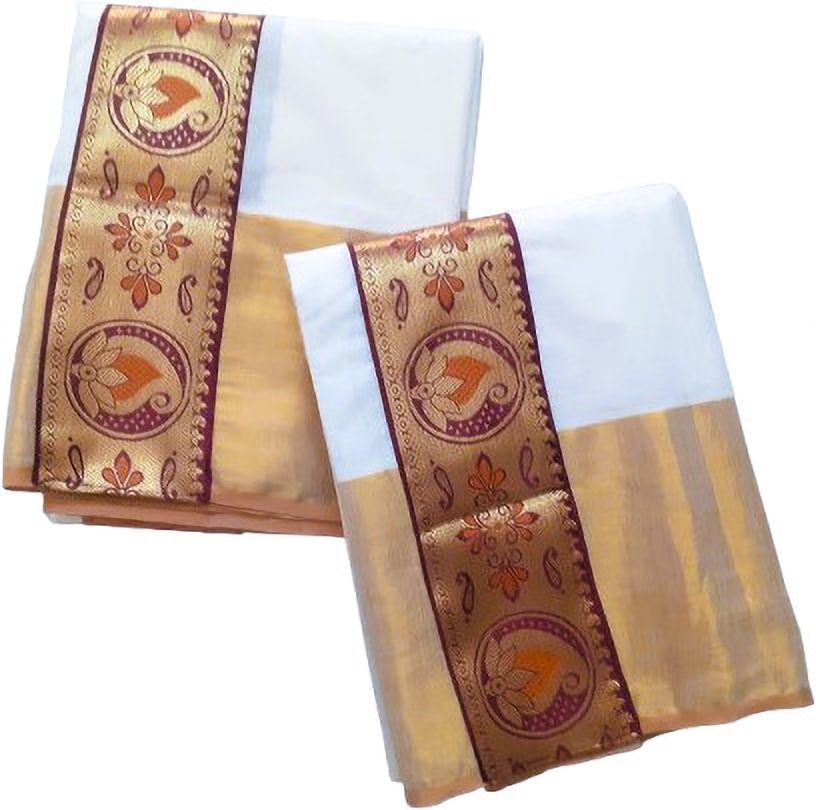 Creative weaves Women Set Mundu with Fancy Middle Maroon Mango Lace and Gold Big woven border Solid, Self Design Women Dhoti-picture-19