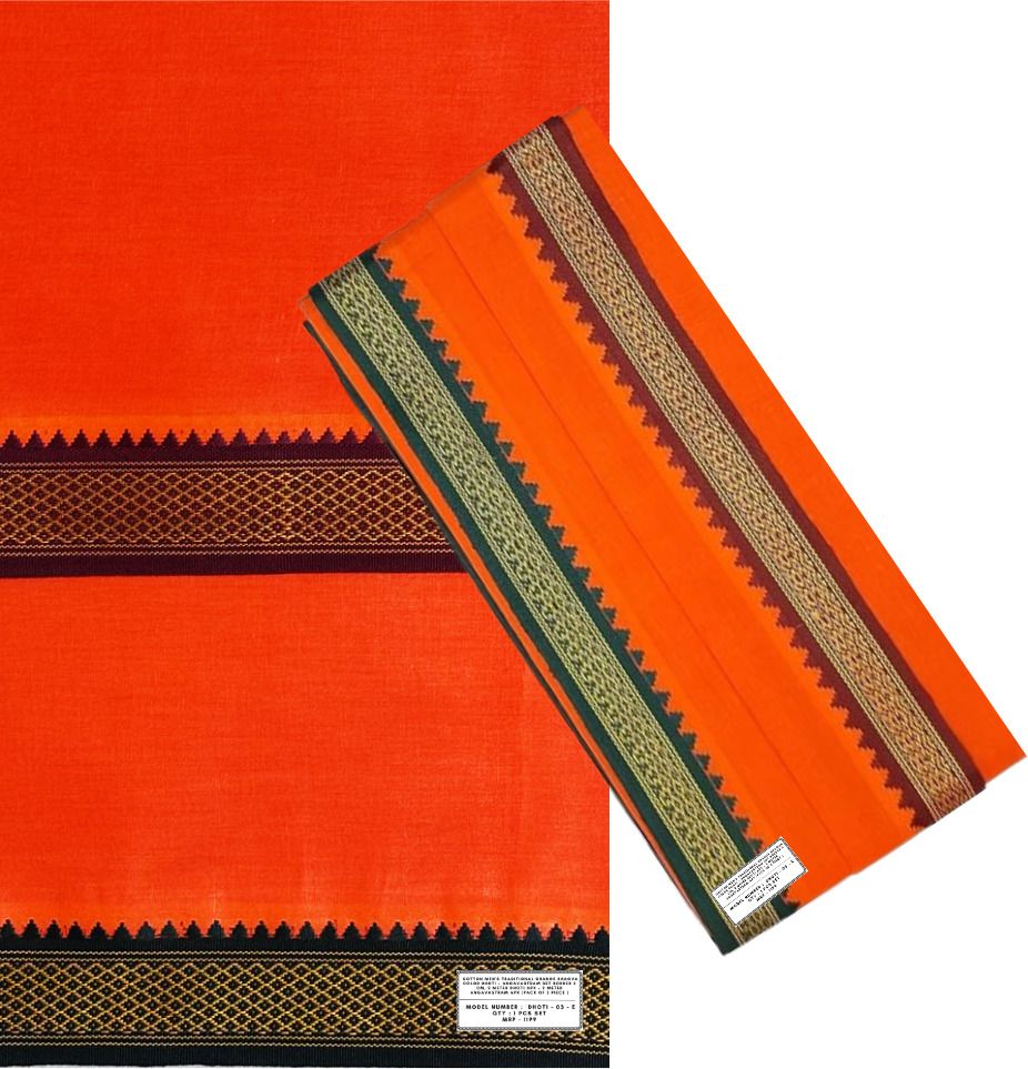 Shubham Synthetic Cotton Men's Traditional Bhagava Orange Color Dhoti + Angavastram Se Self Design Men Dhoti-picture-11