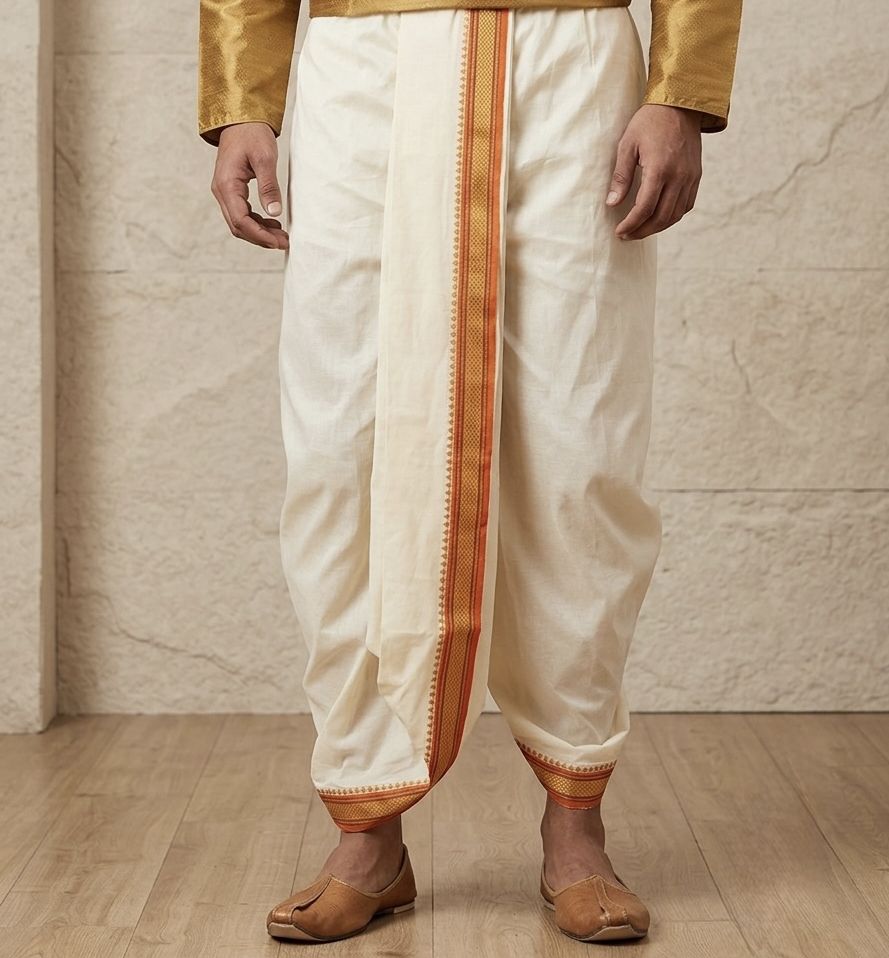 V r sanghvi White dhoti border Solid Men Dhoti-image-3