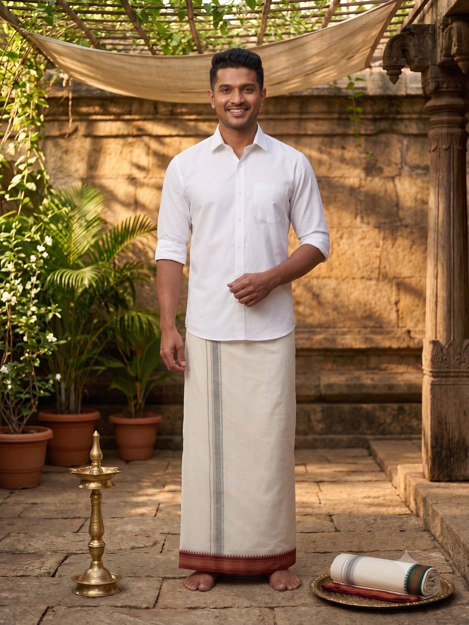 BANARASI POSHAK Pure Cotton Lungi for Men | White Veshti with Gold Border Self Design Men Dhoti-picture-26