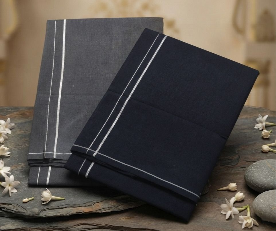 Shri Raghavendra Textiles Navy Blue & Dark Grey Kambi Karai Dhoti Combo – Men's Ethnic Festive Wear Self Design Men Dhoti-image-10