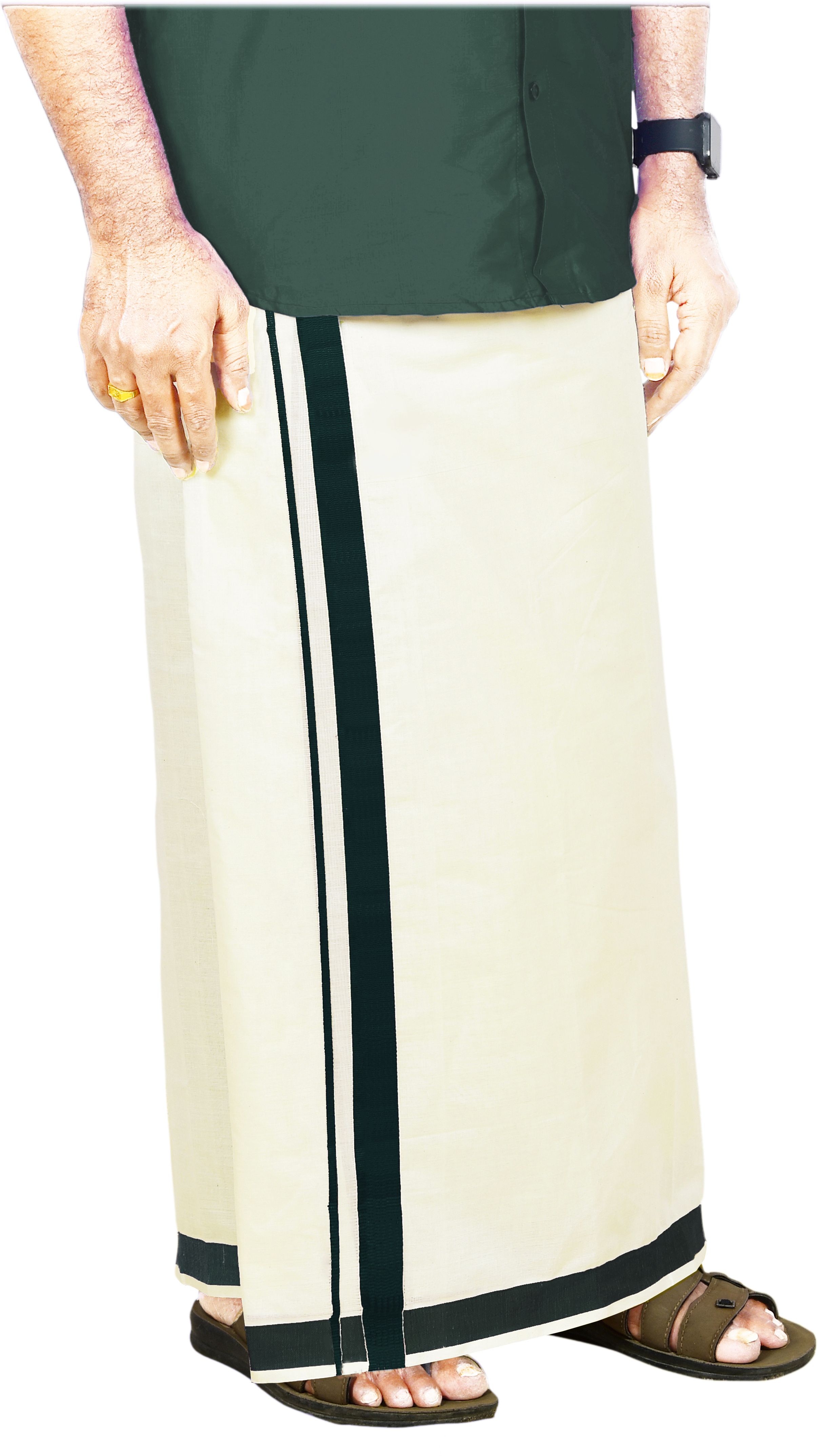 YETTALAN Mens Thick Border 100% Cotton Cream Mundu 4.00 Mtrs Double Veshti Solid Men Dhoti-picture-23