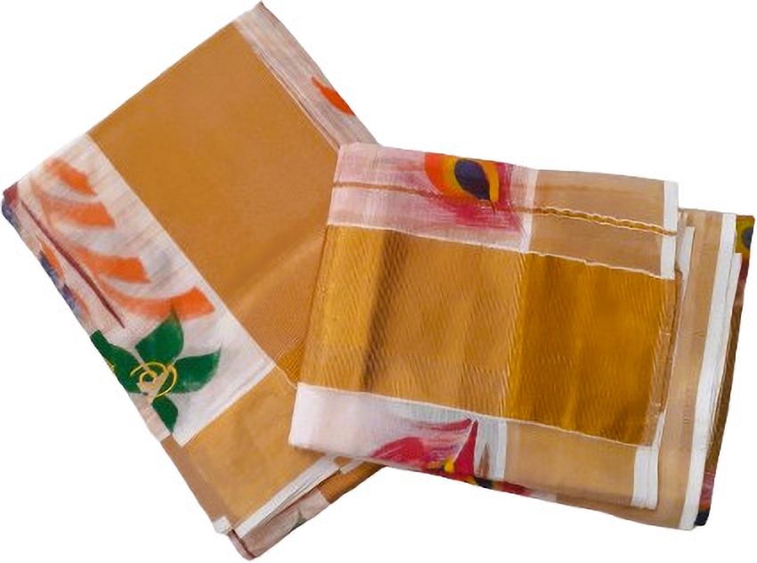 Creative weaves Kerala Gold Lace Setmundu With Peacock Feather Design Hand Painted Embellished, Applique, Self Design Women Dhoti-image-27