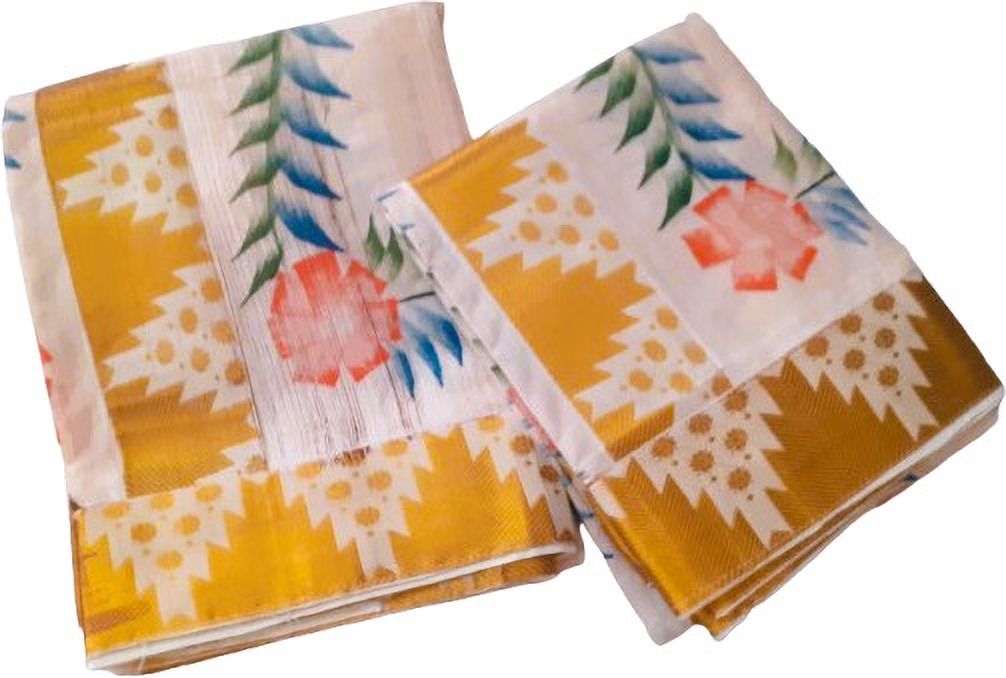 Creative weaves Kerala kasavu gold lace hand painted setmundu with tower design Embellished, Animal Print, Self Design, Solid Women Dhoti-image-20