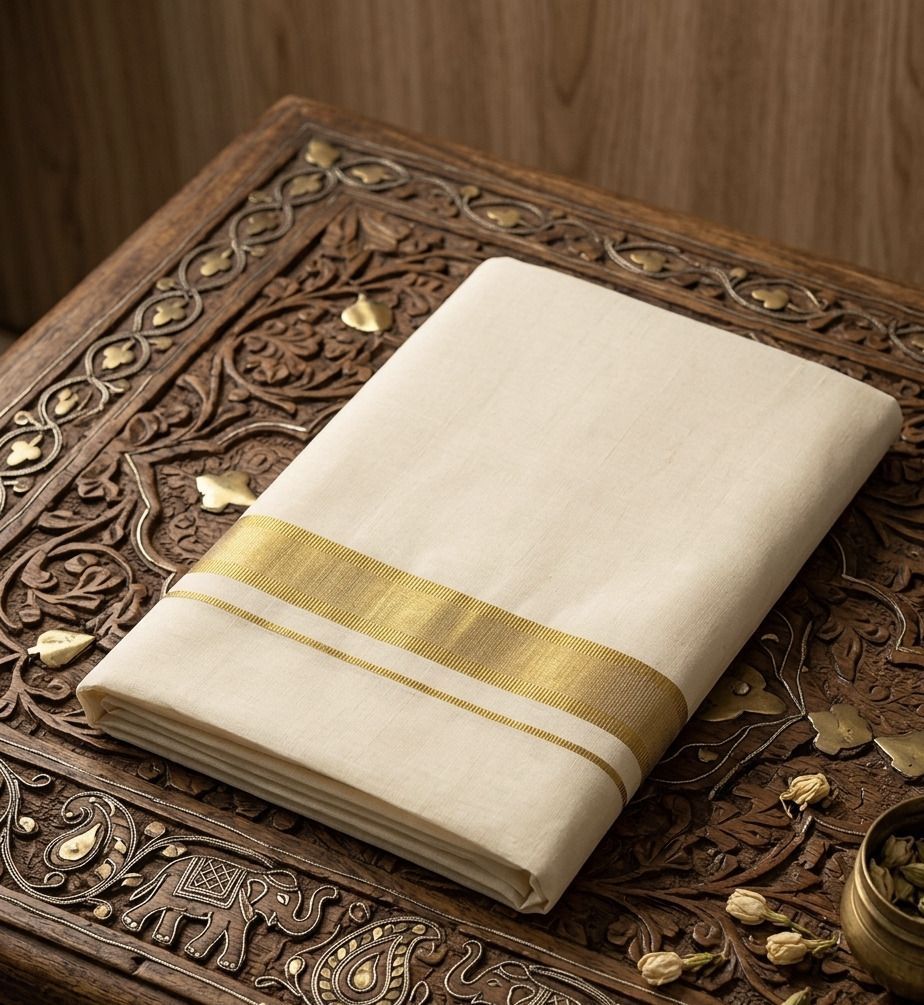 NANMAYA Men Cotton Double Layer Cream Dhoti with 1" Gold Jari Border Golden Mark Solid Women Dhoti-picture-30