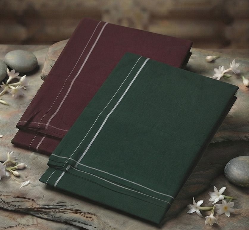 Shri Raghavendra Textiles Men's Cotton Solid Dhoti Combo - Military Green & Maroon | Kambi Karai Border Self Design Men Dhoti-image-1