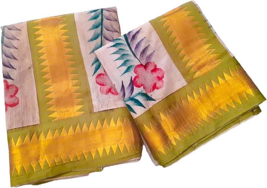 Atex XXL Women Set Mundu Temple Border Lace with Hand Paint Floral Print, Embellished Women Dhoti