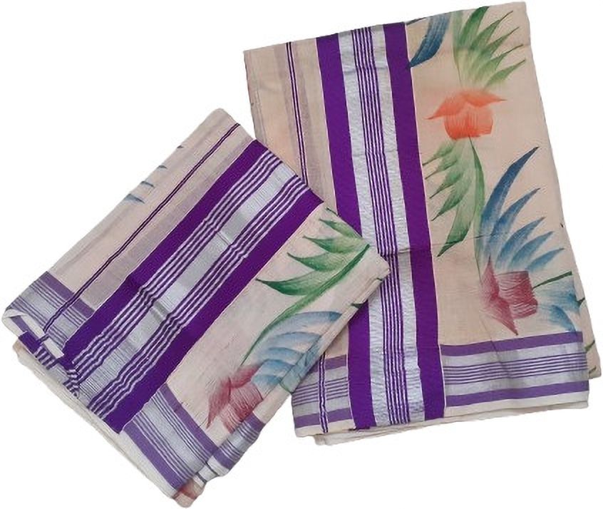Creative weaves Women's Striped Lace & Floral Design hand Painted Setmundu Striped, Self Design Women Dhoti-image-31
