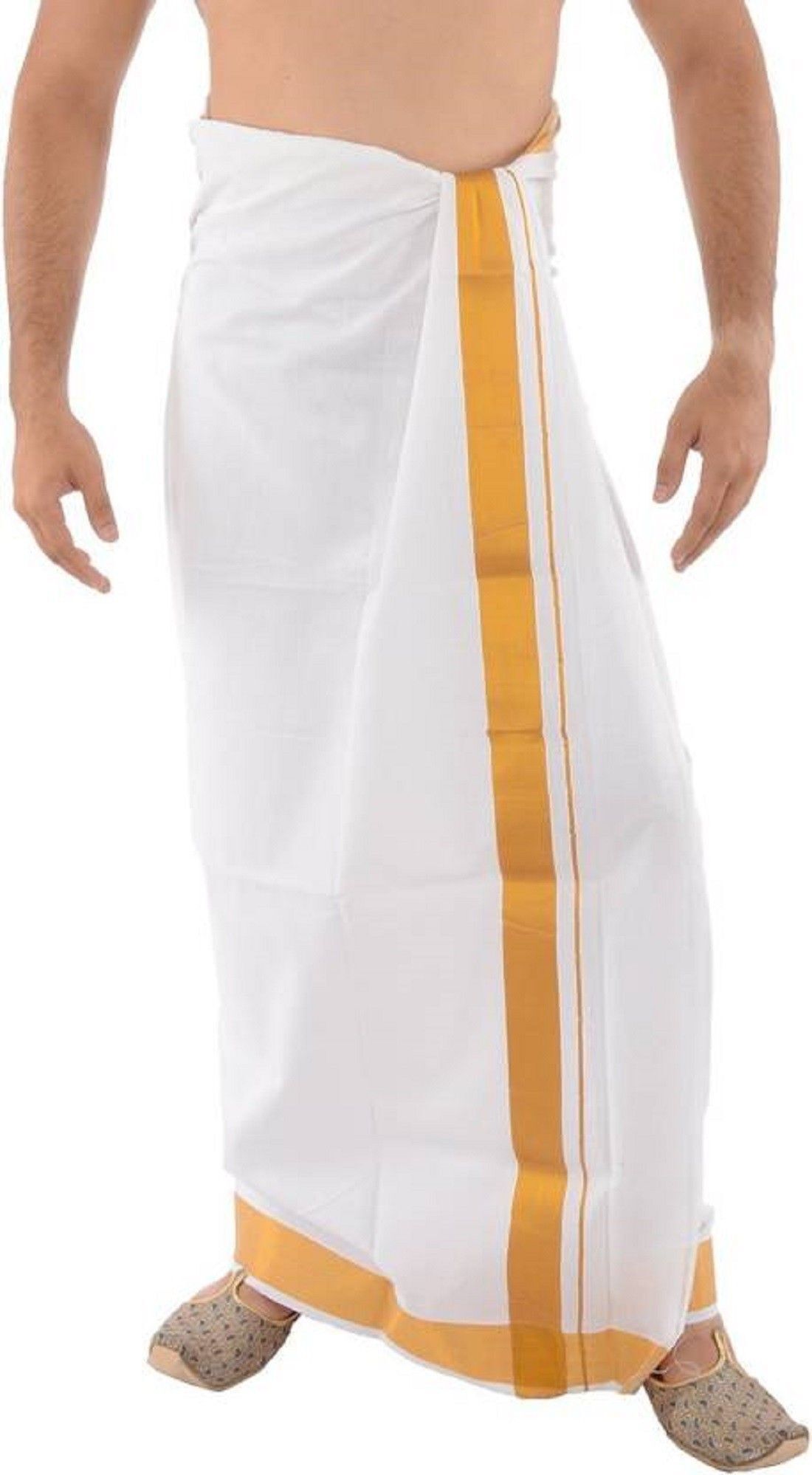 Gugaliya SUPER Luxury White Men’s Single Open Dhoti – Broad 5 cm Golden Jari Border Solid Men Dhoti-picture-35