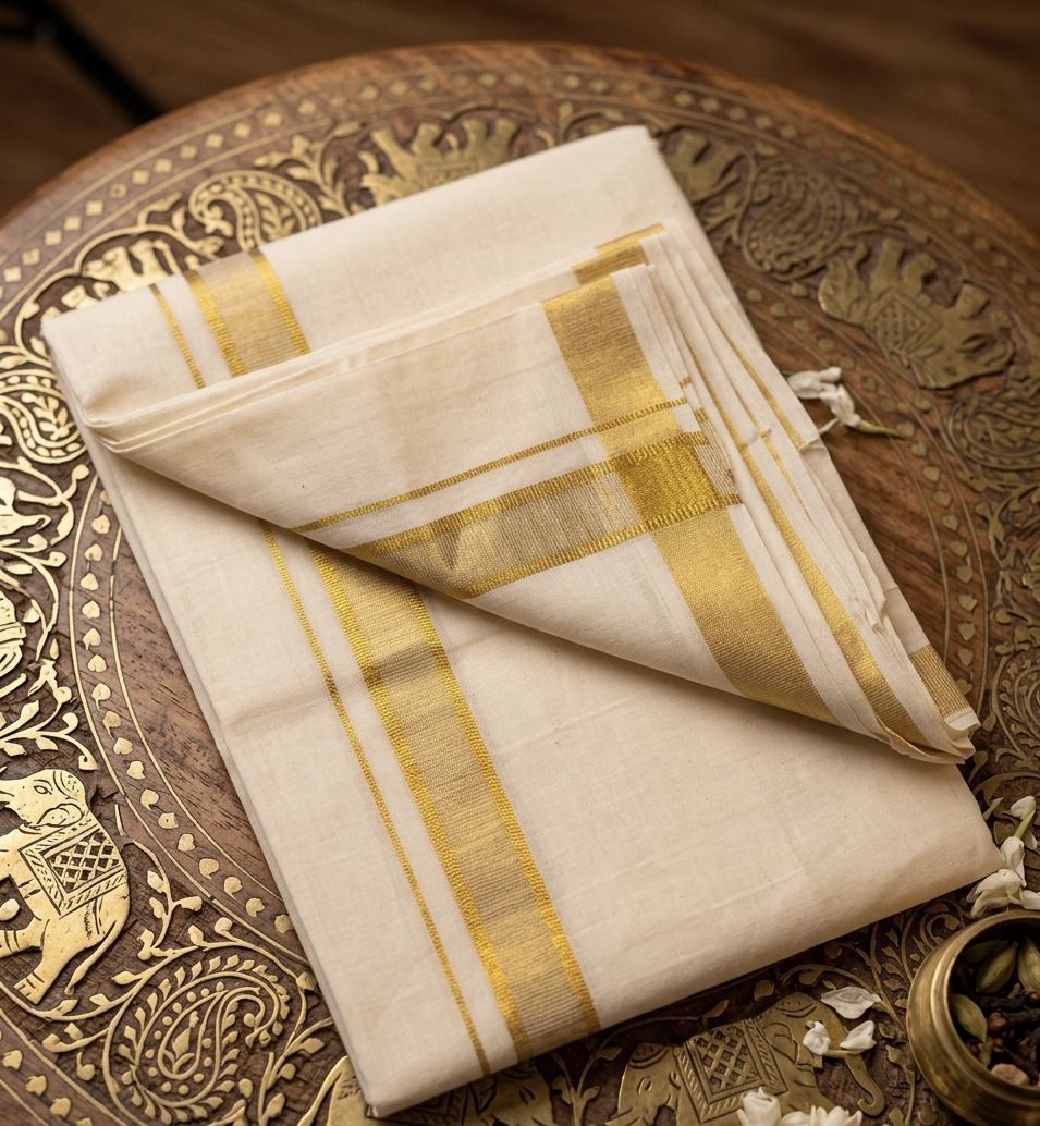 NANMAYA Men Cotton Double Layer Cream Dhoti with 1" Gold Jari Border Golden Mark Solid Women Dhoti-image-48