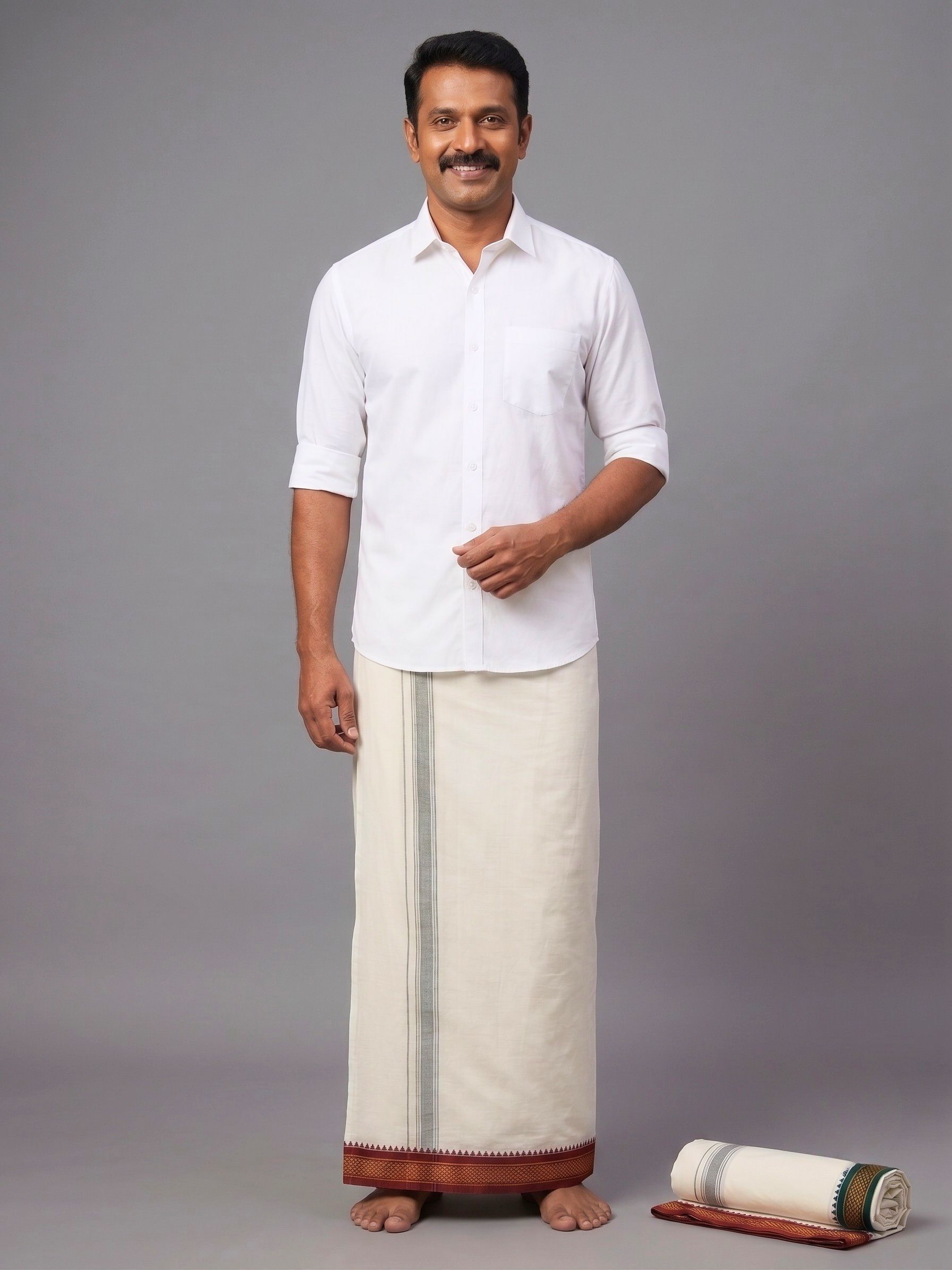 BANARASI POSHAK Pure Cotton Lungi for Men | White Veshti with Gold Border Self Design Men Dhoti-image-27