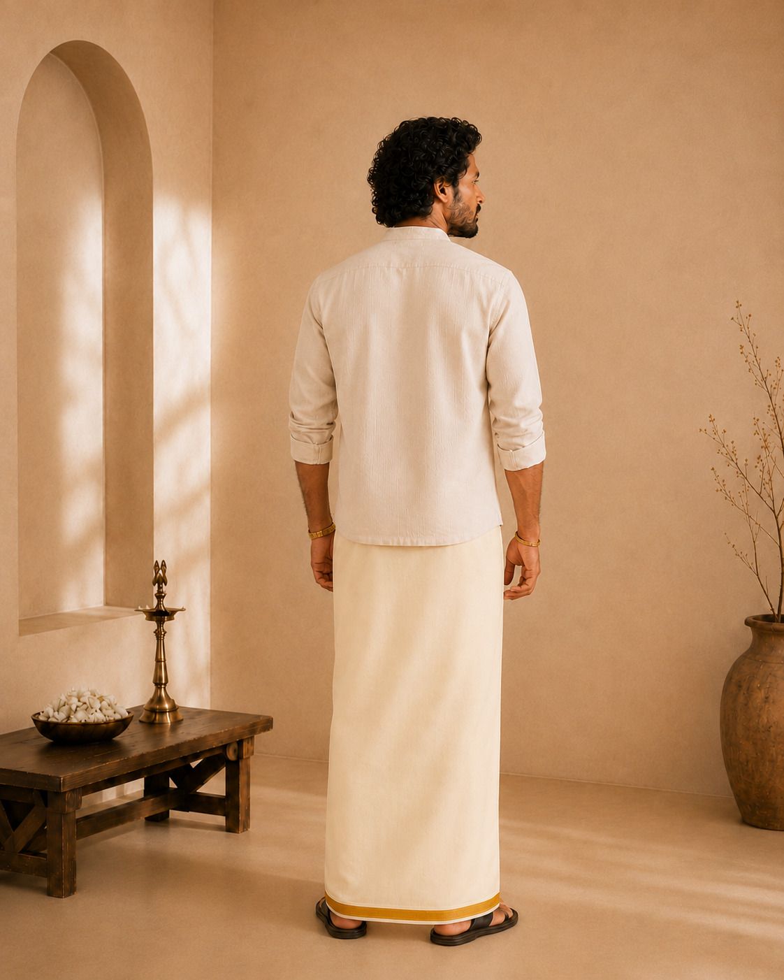 SAC SHREE APARAJEET CREATIONS Premium Pure Cotton Dhoti with Golden Border for Cultural Occasions Striped, Solid Men Dhoti-image-19