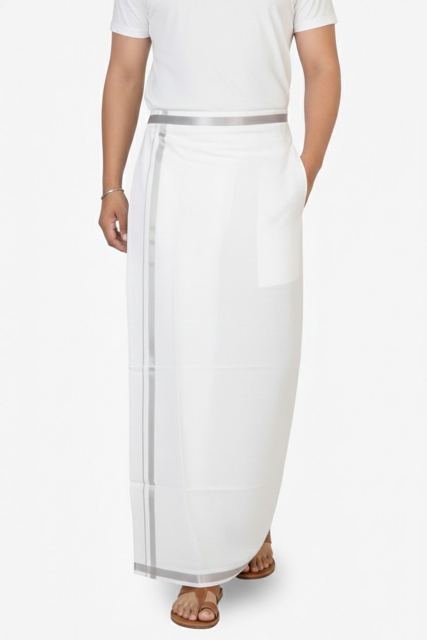 TUNI MANI 28 to 44 Inches Welcro Cotton Pocket Dhoti with Silver Zari Border Solid Men Dhoti-picture-26
