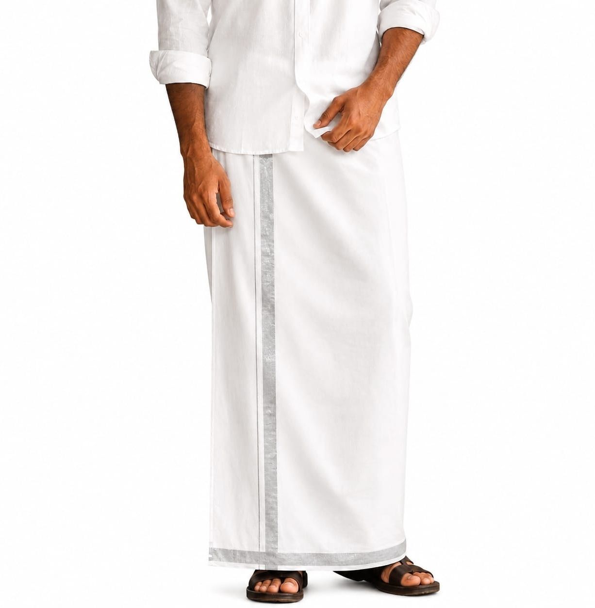GLOBEADO Men's Traditional White Cotton Dhoti with Silver Zari Border Solid Men Dhoti-image-46