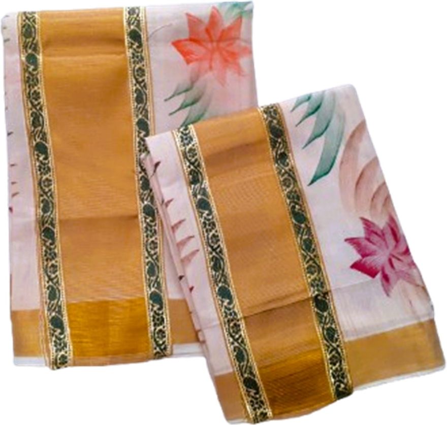 Darps Kerala Gold Border with Floral Design Hand Painted Embellished, Self Design Women Dhoti-image-32