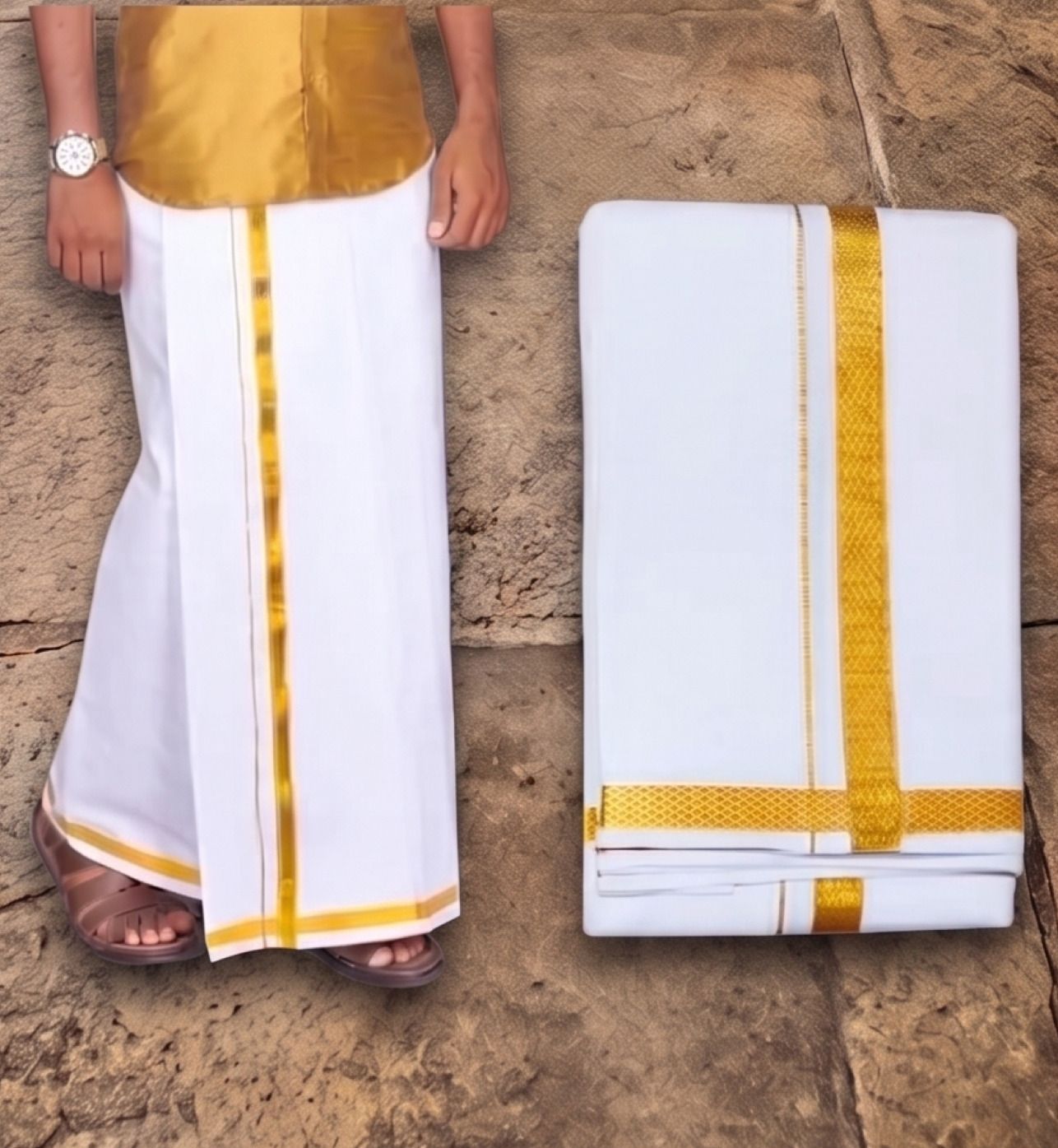 Gugaliya Premium quality Men's White Golden Jari cotton dhoti Solid Men Dhoti-picture-25