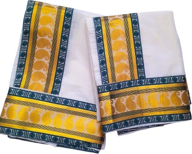 Darps Women's Kerala Mango Fancy Lace Setmundu Chevron/Zig Zag, Embellished, Self Design Women Dhoti-image-35