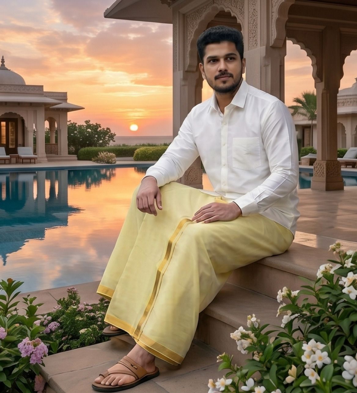 Gugaliya Sandal Color Premium quality Golden Jari cotton 1.80 by 1.20 mts Solid Men Dhoti-image-30