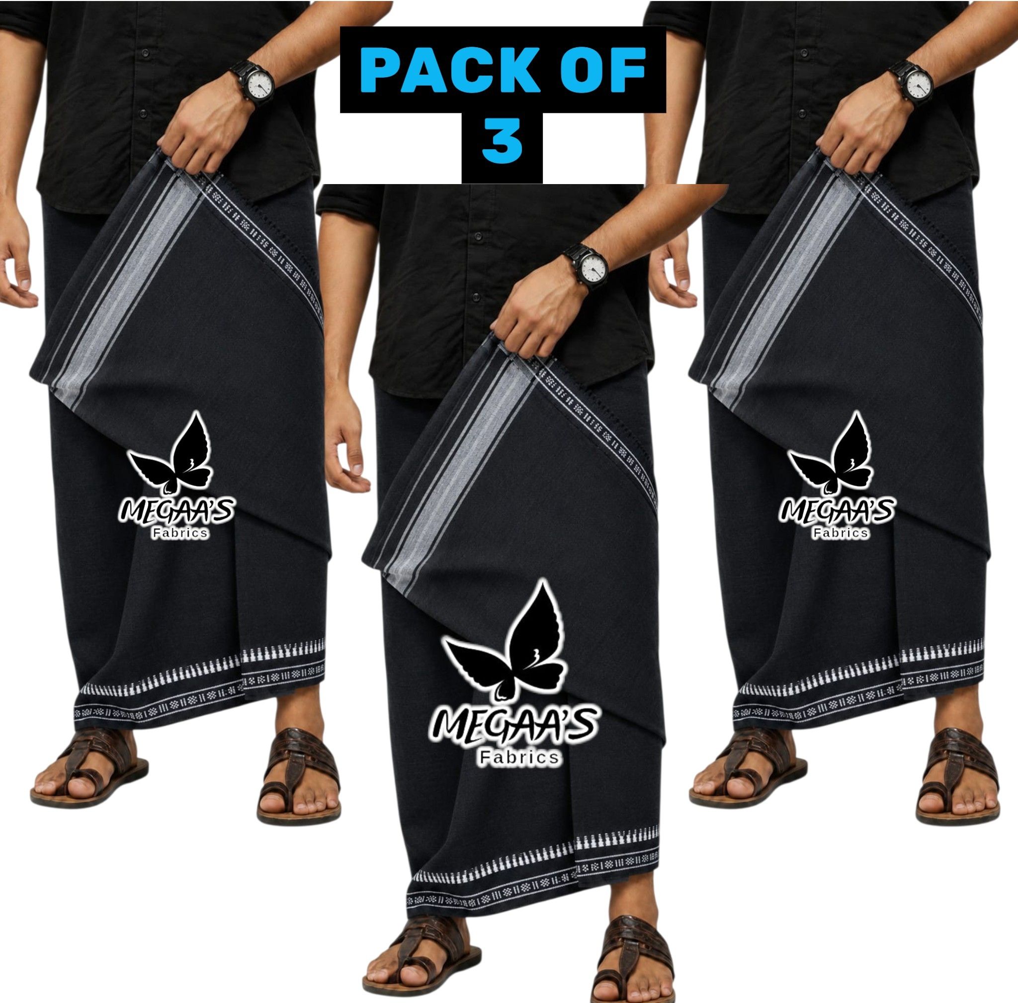 Megaasfabrics | Sabarimala Black Pettu Dhotis | 2meters | Pack of 3 Solid Men Dhoti-image-26