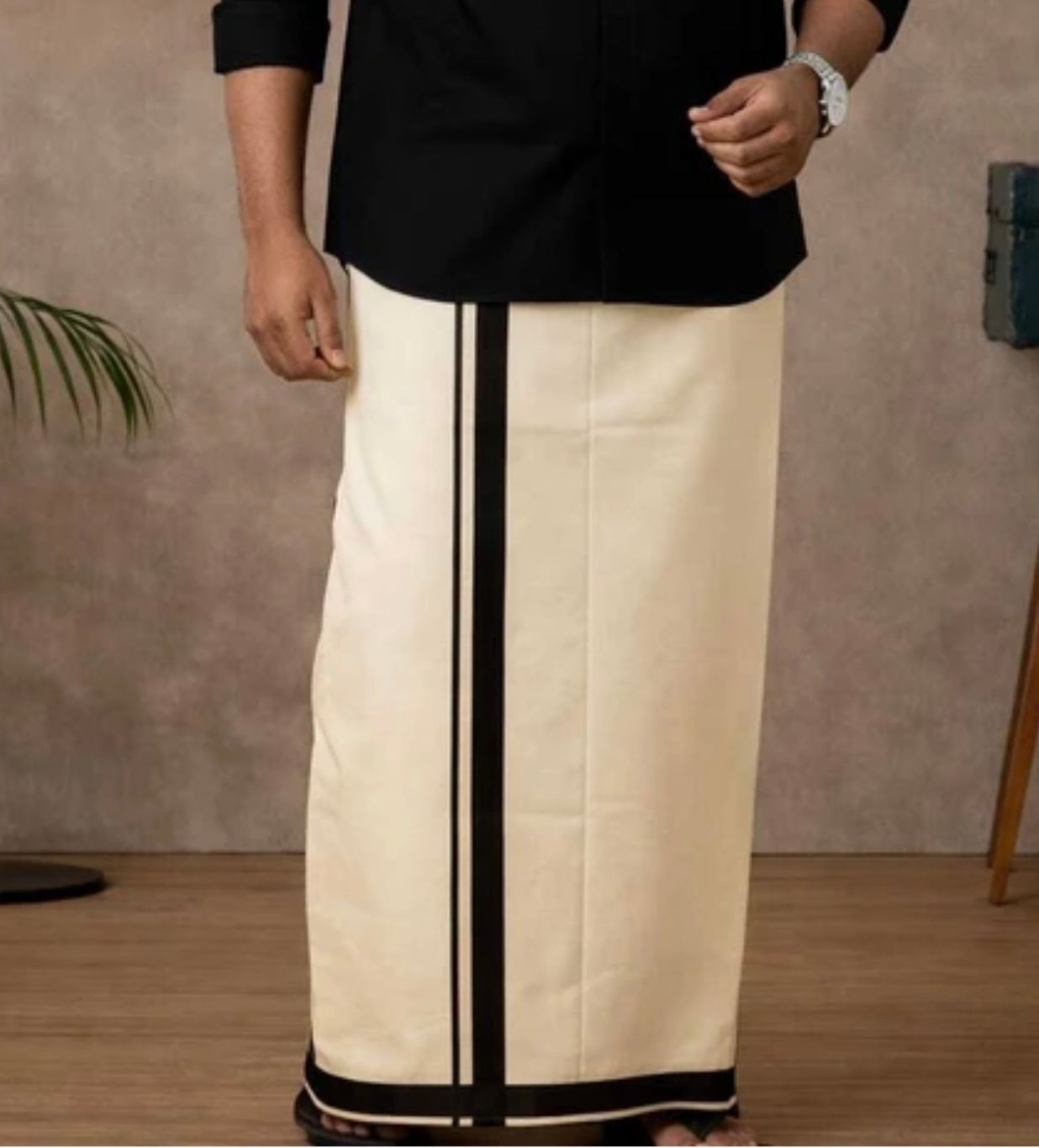 SaveriGroup Men Cotton Double Layer Cream Dhoti with 1" Black Border 4 Mtrs Solid Men Dhoti-image-29