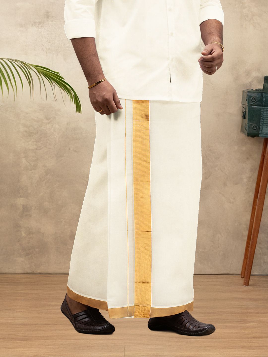 Ramraj Cotton Men Kora Cotton Double Layer Cream Dhoti with 2"inch Gold Jari Border Mangal Solid Men Dhoti-image-43