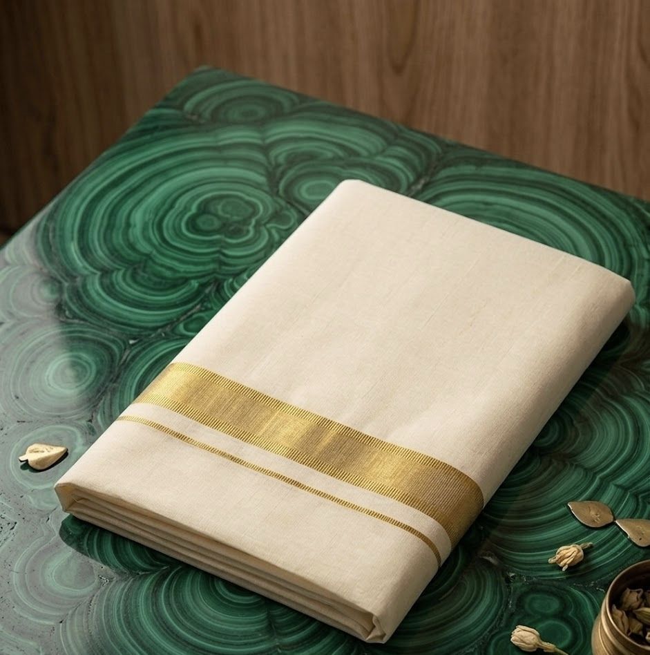 NANMAYA Men Cotton Double Layer Cream Dhoti with 1" Gold Jari Border Golden Mark Solid Women Dhoti-image-47
