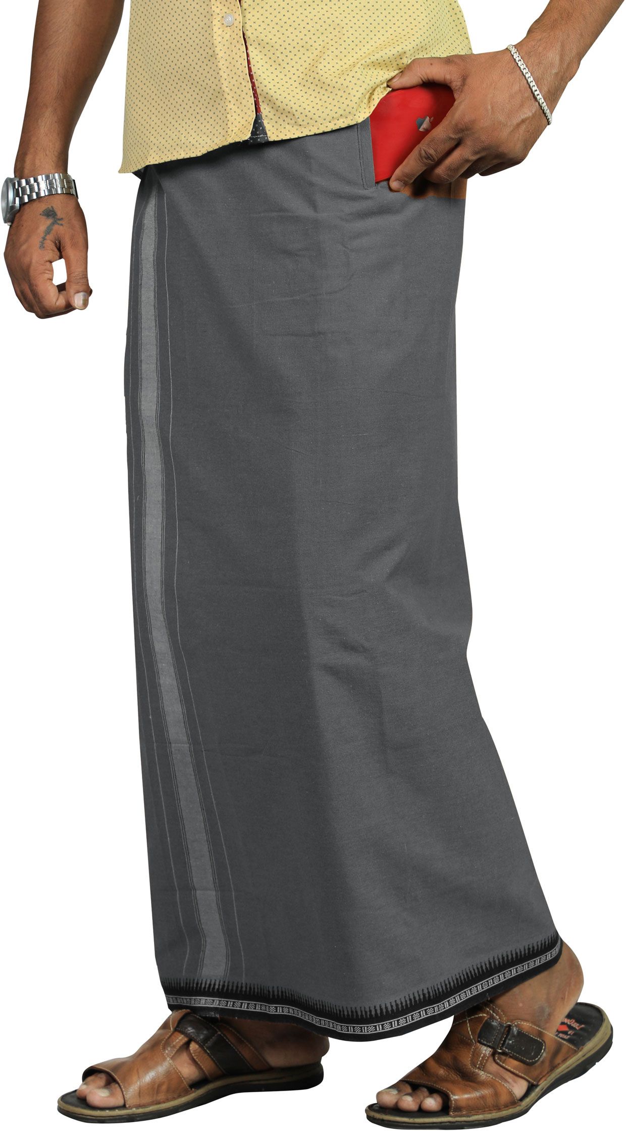 Prakasam Cotton Men's Kerala Style Thalapathi Ash Colour Flexi Size Welcro Readymade with pocket Solid Men Dhoti-picture-27
