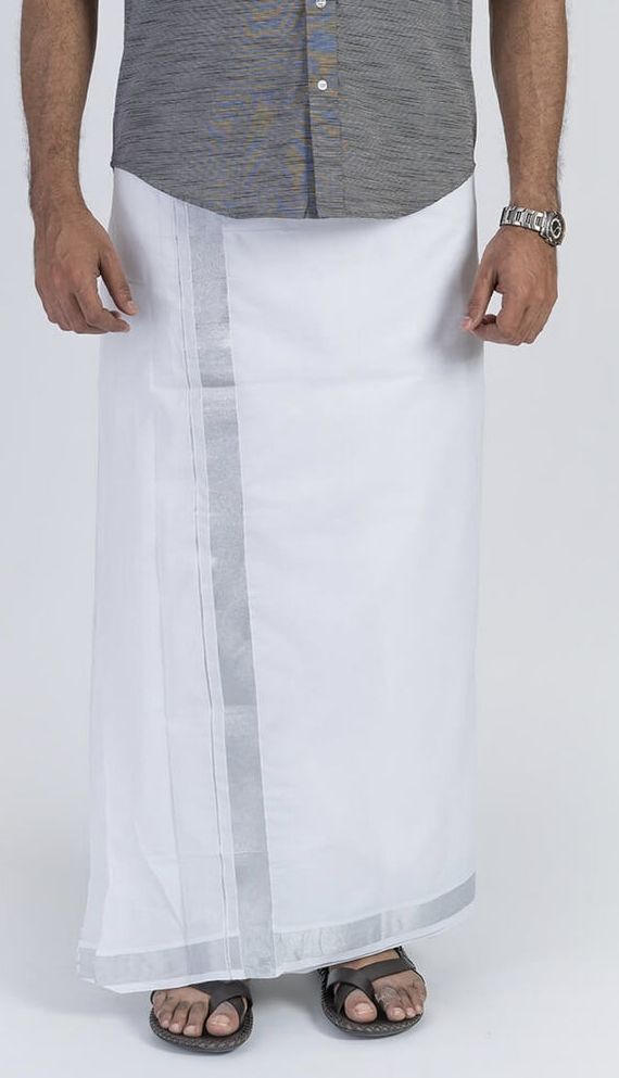 NANMAYA Men White Cotton Dhoti Double Mundu with 1" Silver Jari Border 4.00 Mtrs Solid Women Dhoti-picture-11