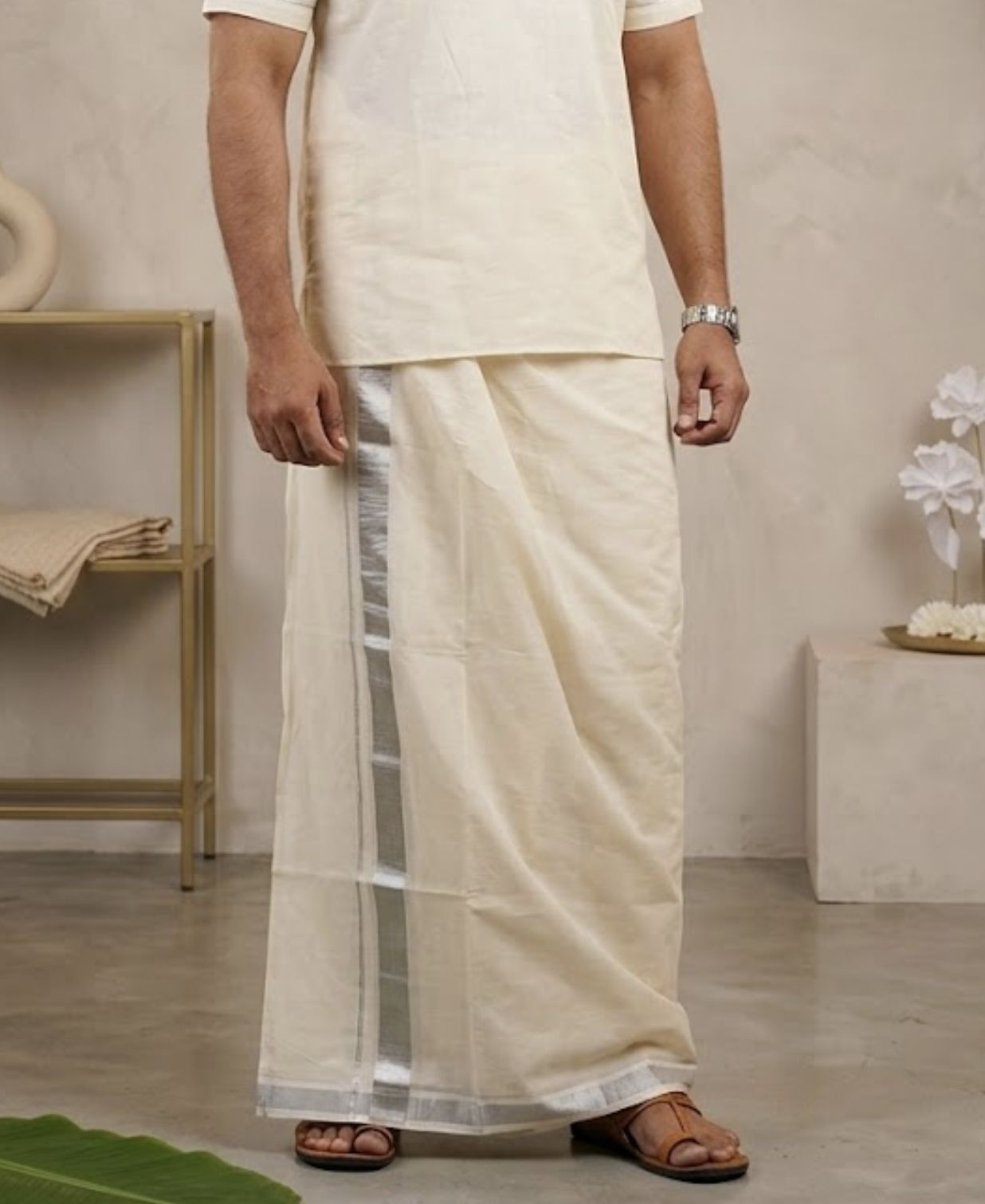 NANMAYA Men Cotton Double Cream Dhoti Mundu with Silver Border 4.00 Mtrs Solid Women Dhoti-image-32