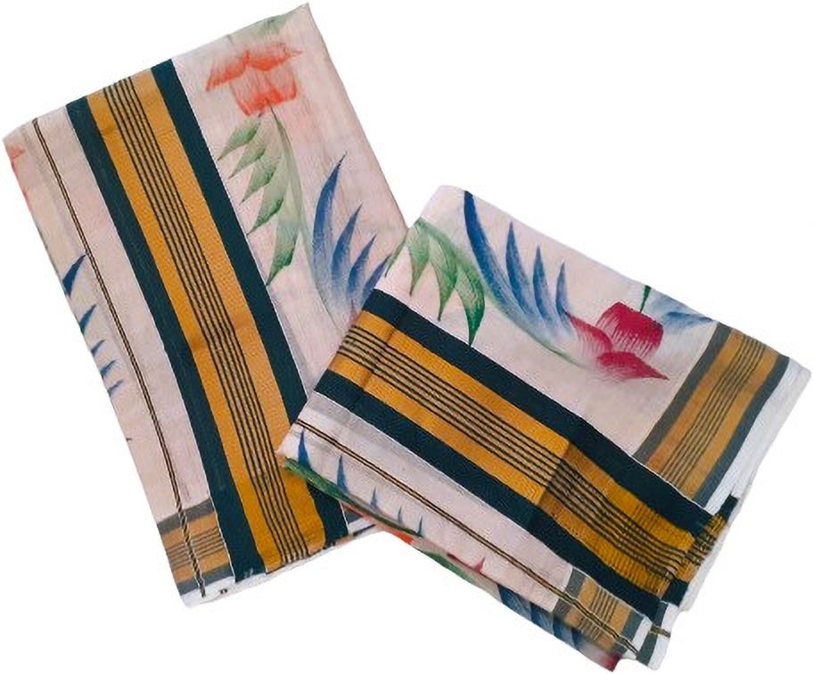 Fashionkiosks Women Set Mundu 2x2.5mts Single Woven Border with floral Hand apint all over Striped, Solid, Woven, Floral Print Women Dhoti-picture-20