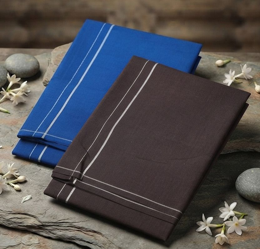 Shri Raghavendra Textiles Premium Blue & Brown Cotton Kambi Karai Dhoti Set – Festive Men's Traditional Self Design Men Dhoti-picture-38