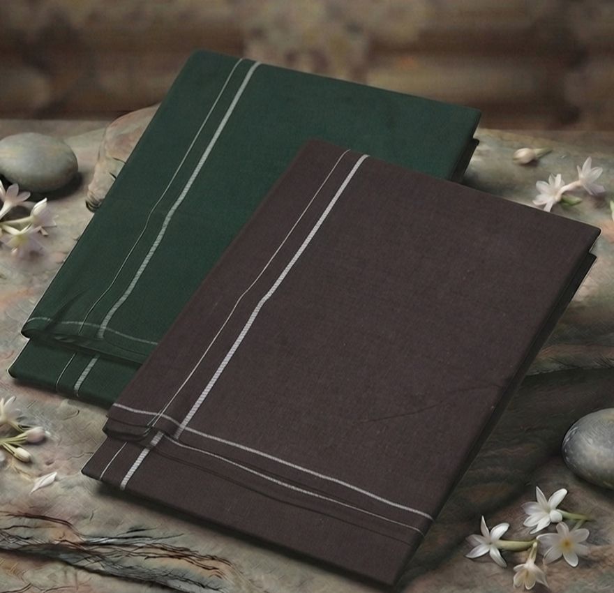 Shri Raghavendra Textiles Men’s Dhoti Combo Set ft. Murugar Green & Brown with Kambi Karai Border Self Design Men Dhoti-image-40